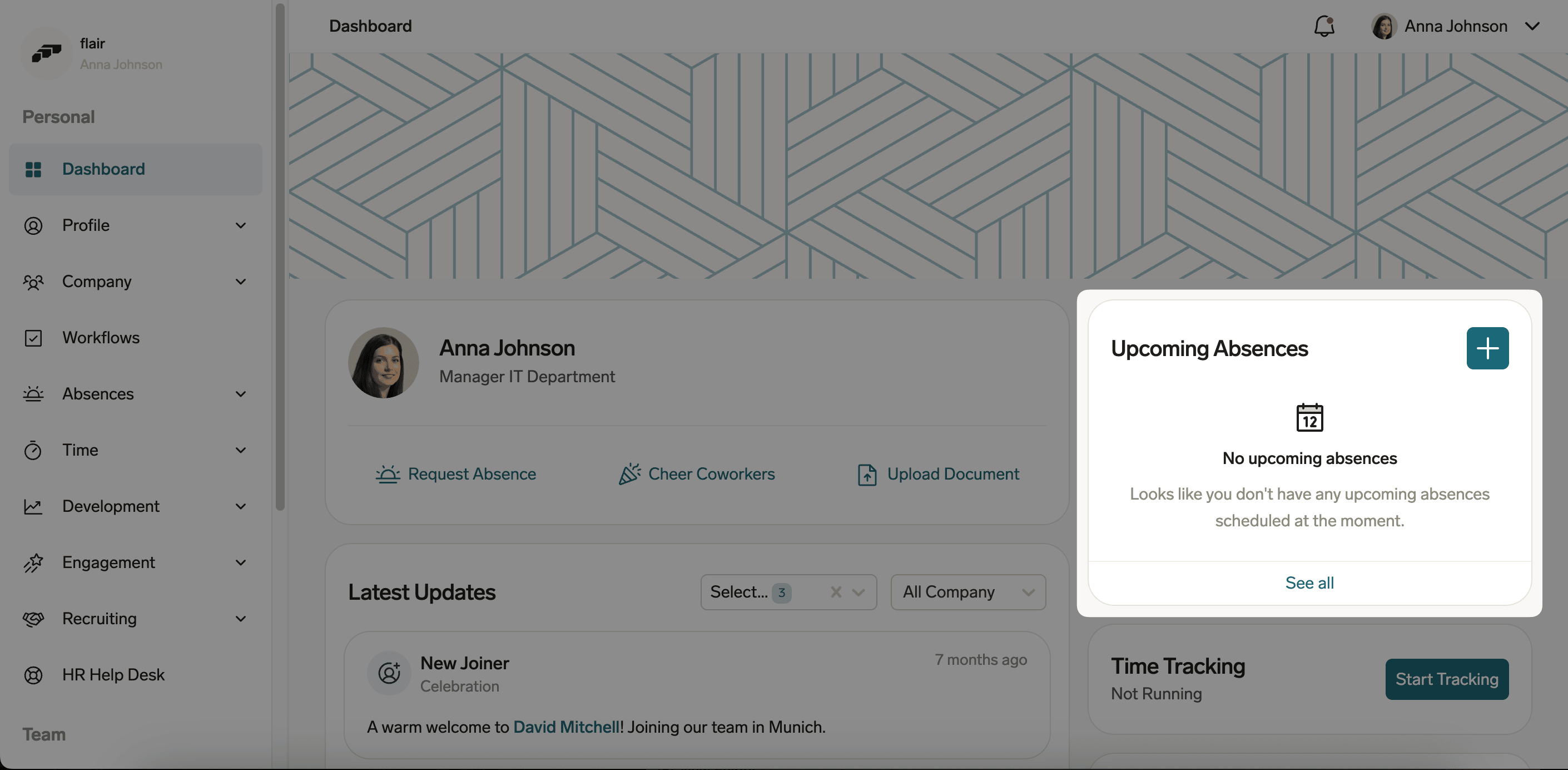 Upcoming absences on the Employee Hub Dashboard