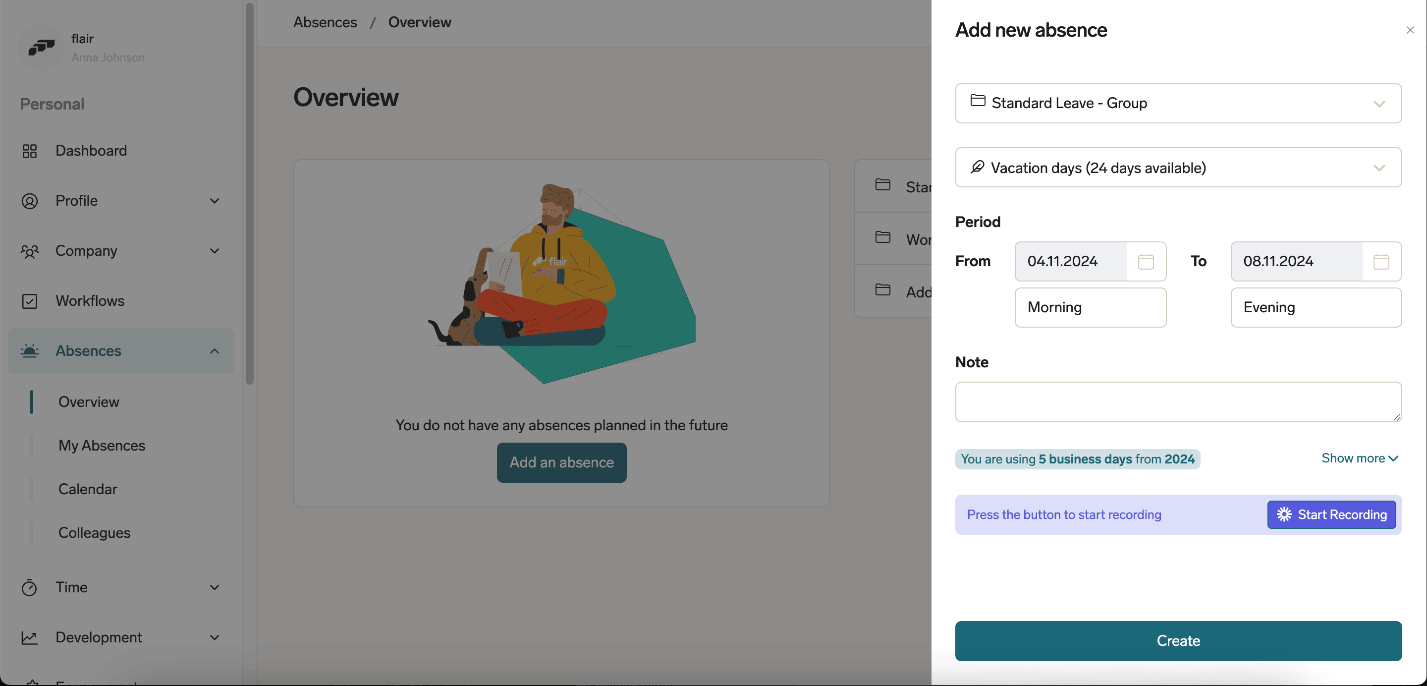 Absence type, period, note, and balance details in the request form