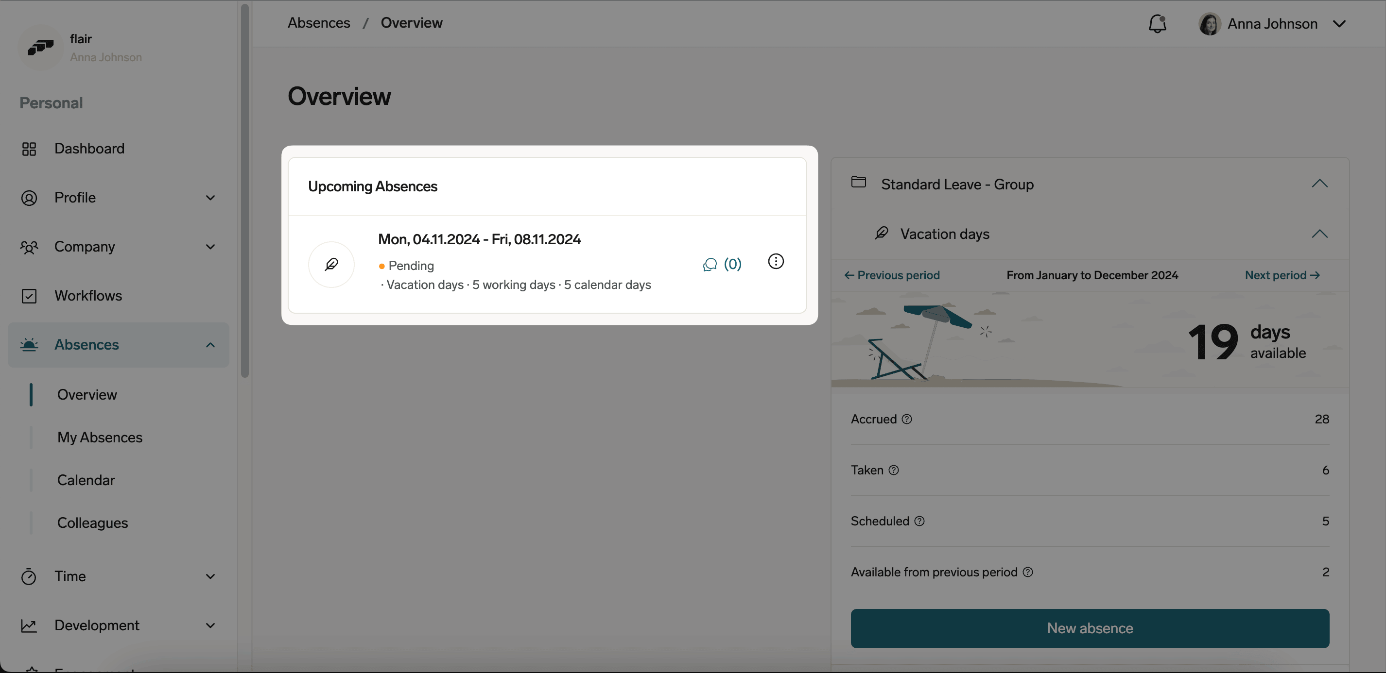 An upcoming absence and its status in the Employee Hub