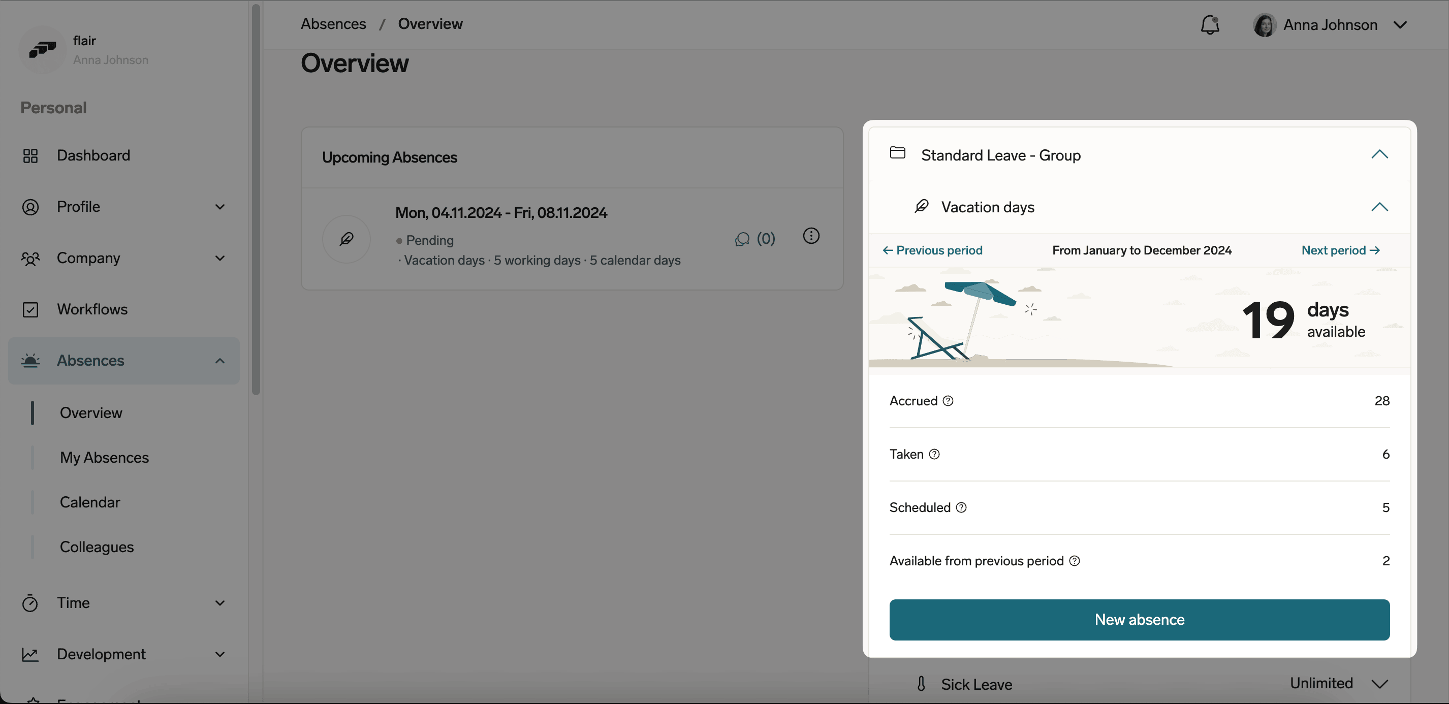 The remaining absence allowance in the Employee Hub