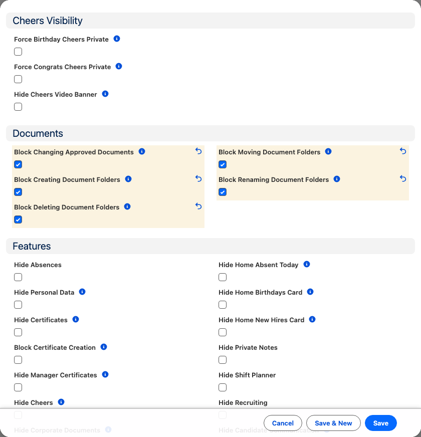 Document restriction settings on a new Employee HUB Feature record in Salesforce