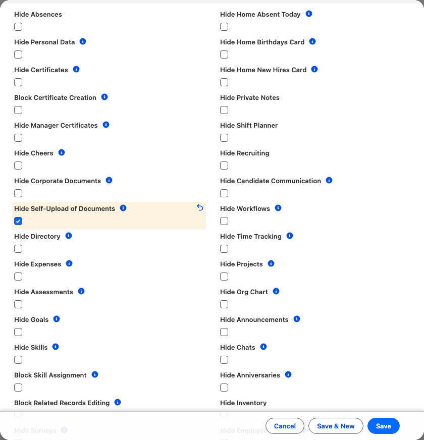Hide Self-Upload of Documents selected on a new Employee HUB Feature record