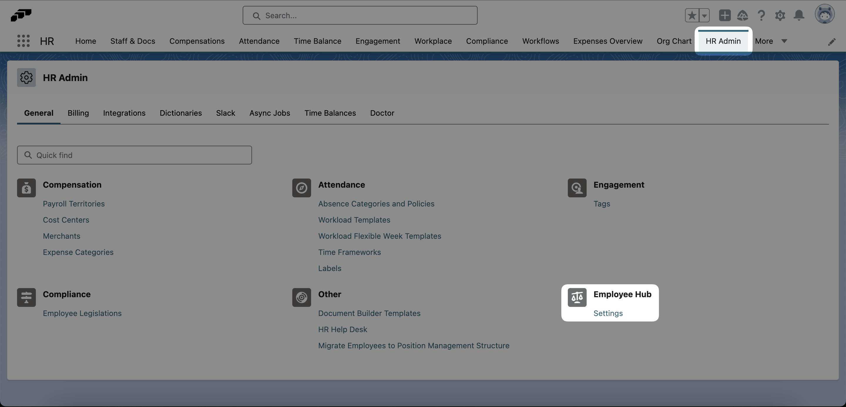 Employee Hub Settings option on the General tab in HR Admin