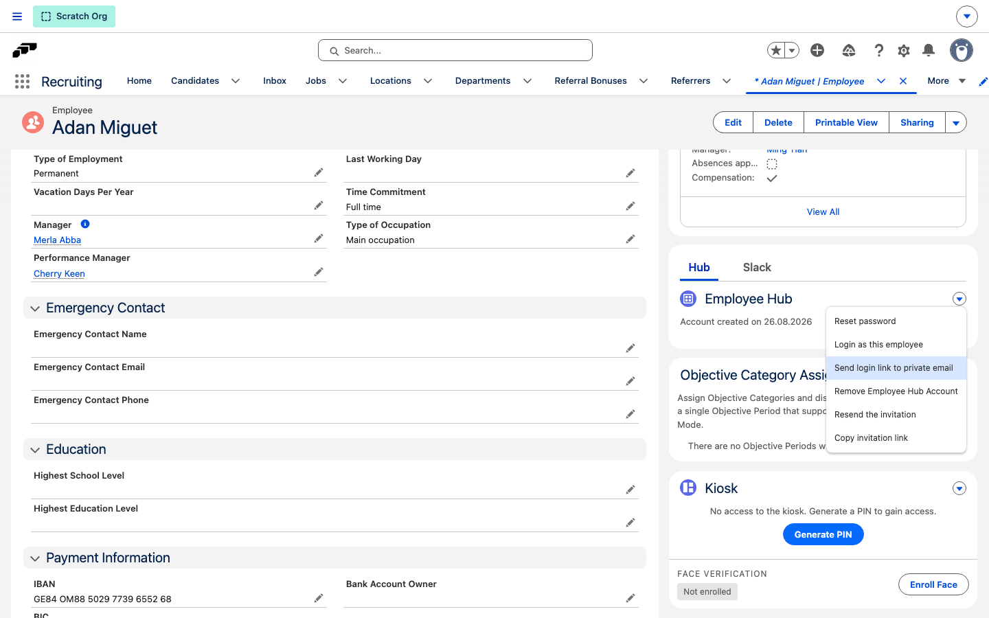 The Employee Hub card's actions menu open, showing Login as this employee and Send login link to private email