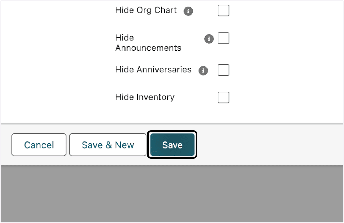 Save action for an Employee Hub feature set