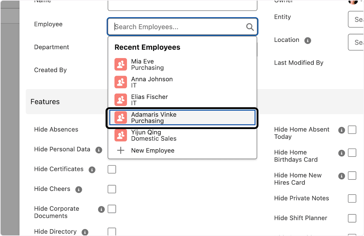 Employee selected for a feature set