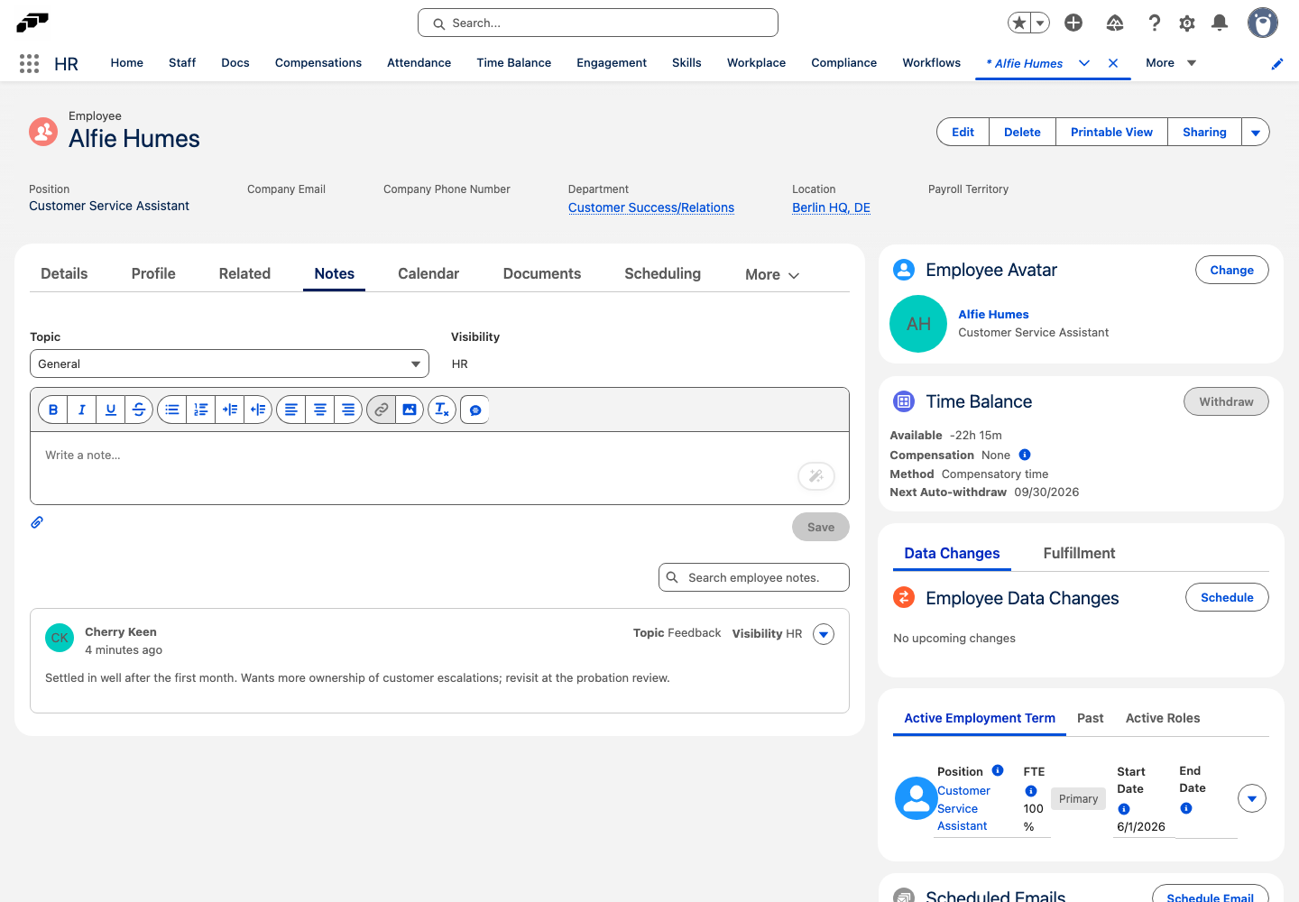 The Notes tab of an employee record with the note editor and one saved HR note
