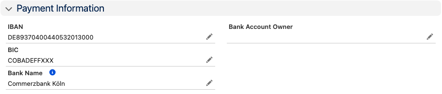 The Payment Information section of an employee record with the example IBAN DE89370400440532013000 and the BIC and Bank Name filled in by the lookup