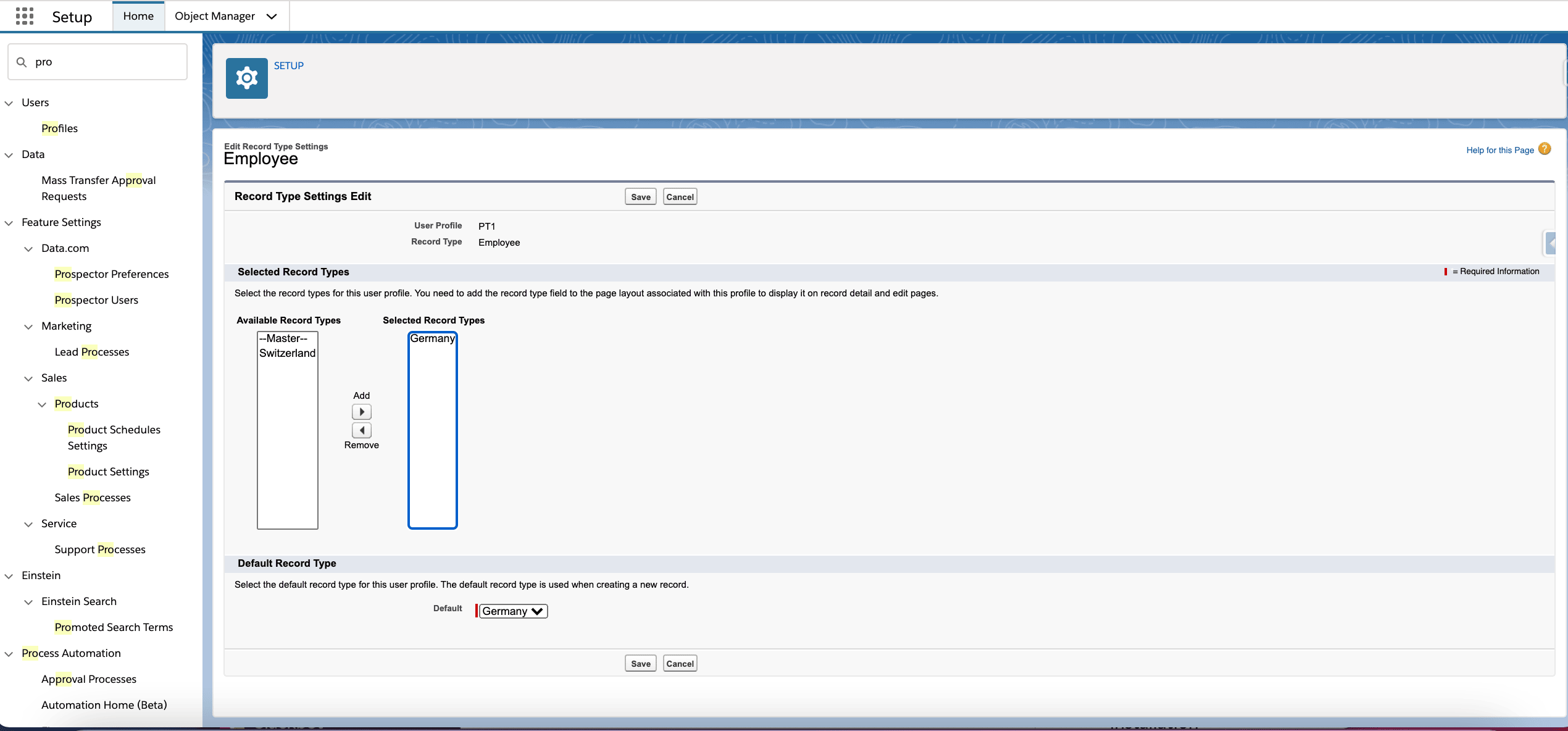 Available and selected Employee record types for a Salesforce profile