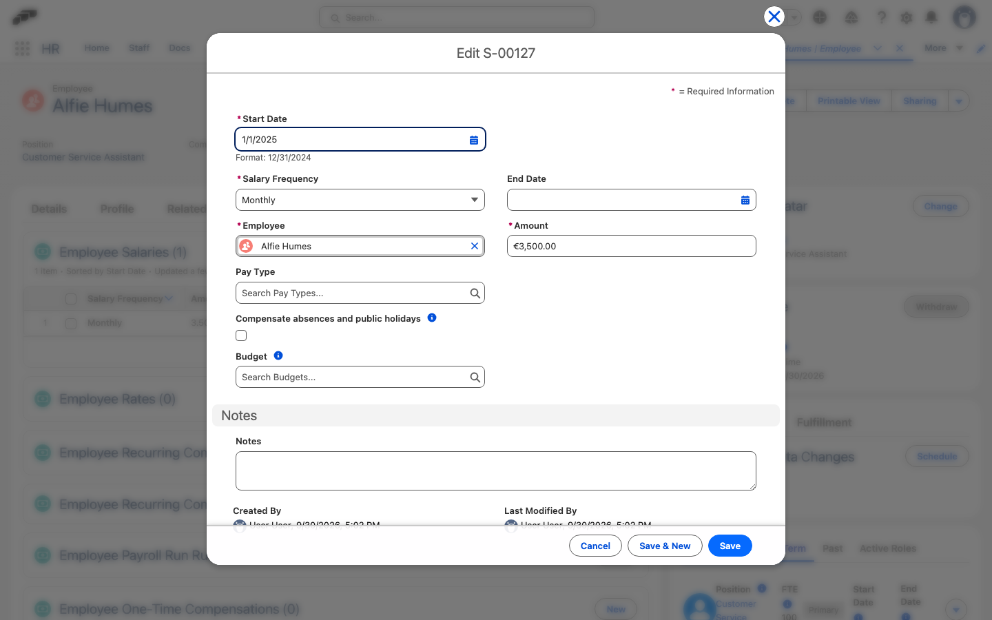 The Edit form of an Employee Salary with the End Date field