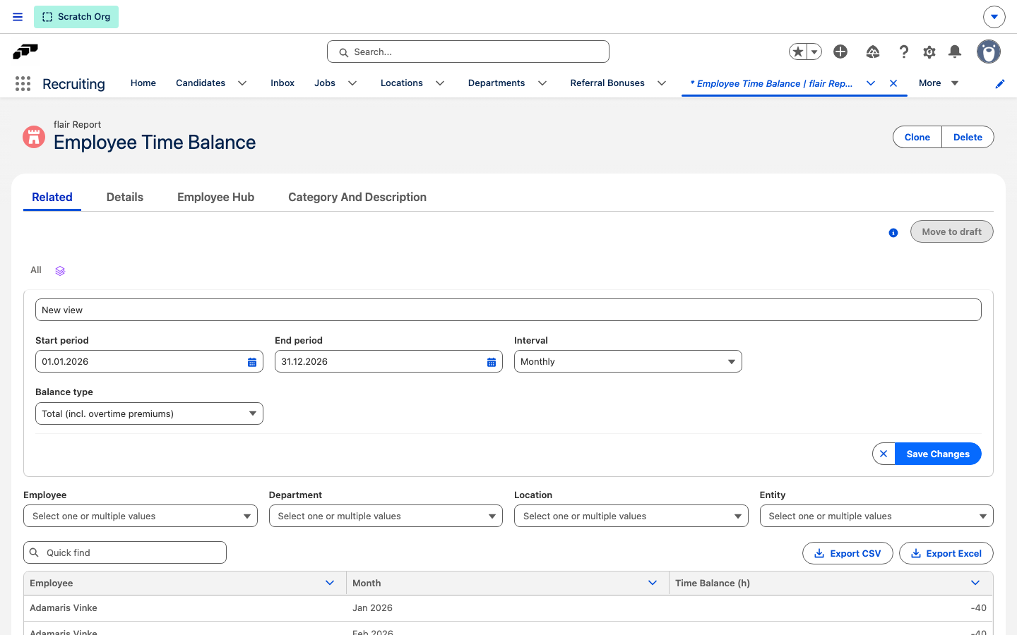 Employee Time Balance report showing the period panel with Interval and Balance type, and the export buttons
