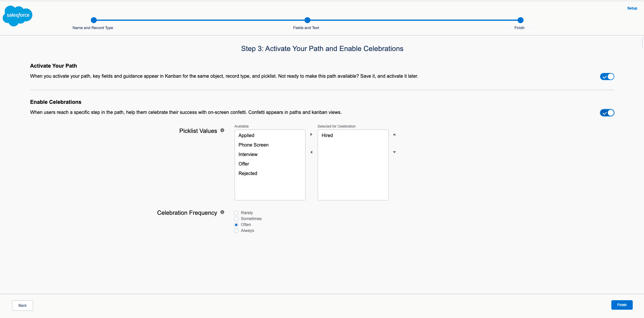 Celebration settings for a Candidate Path