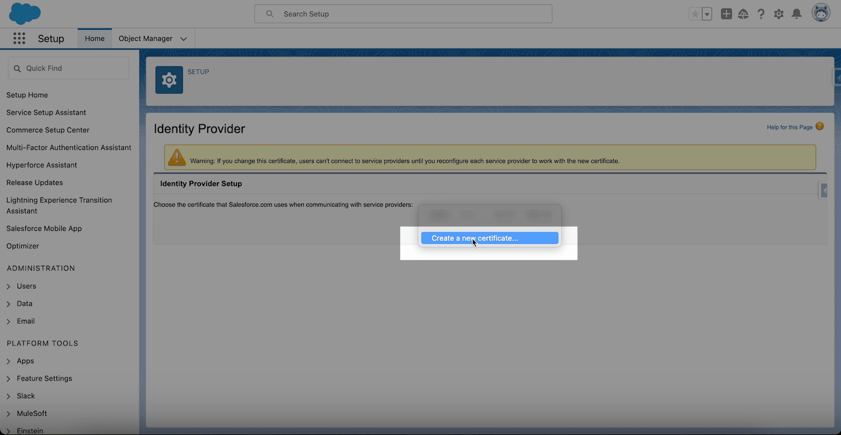 Certificate selection for the Salesforce identity provider