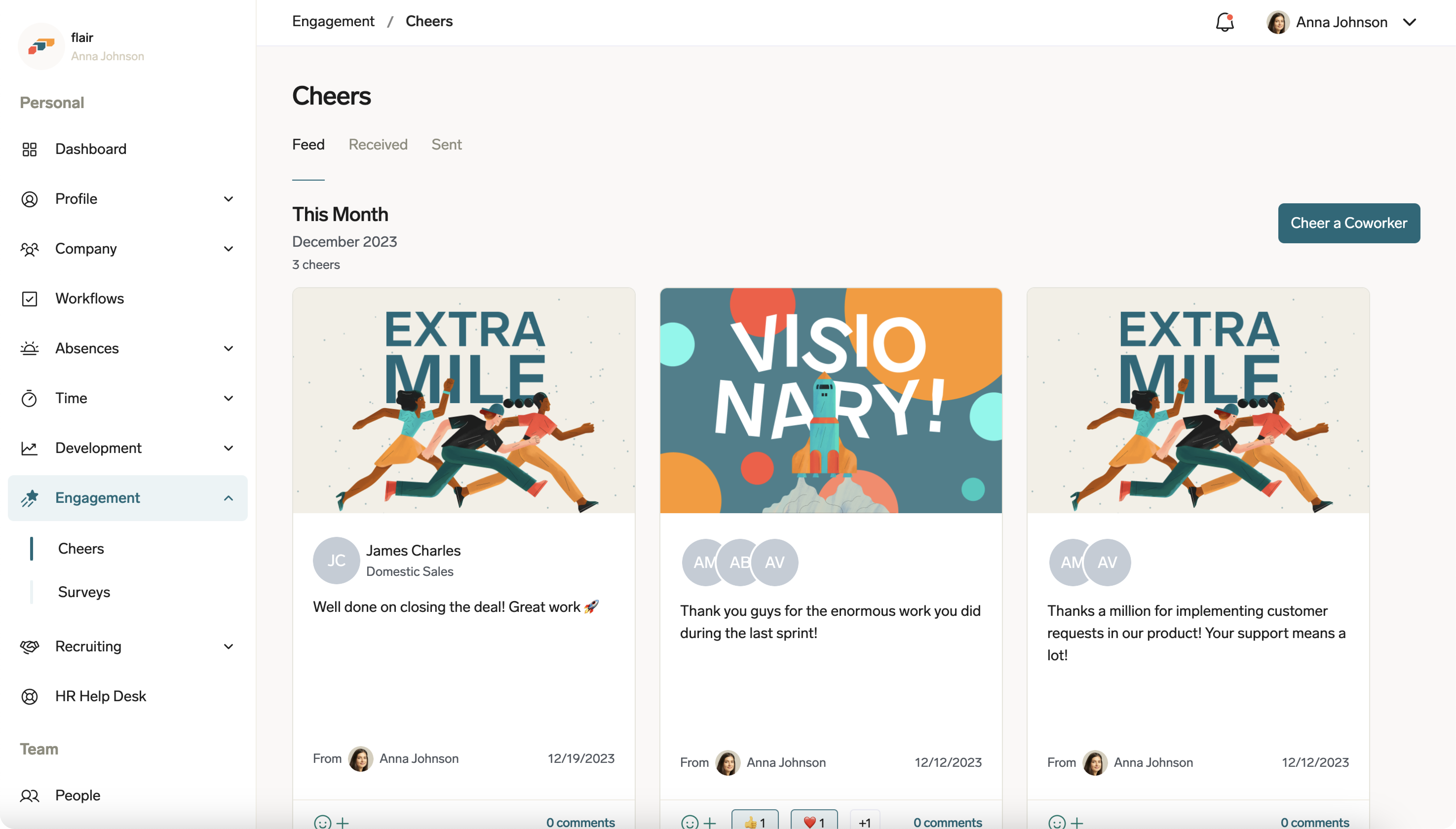 Cheers is the employee recognition feature in the flair Employee Hub