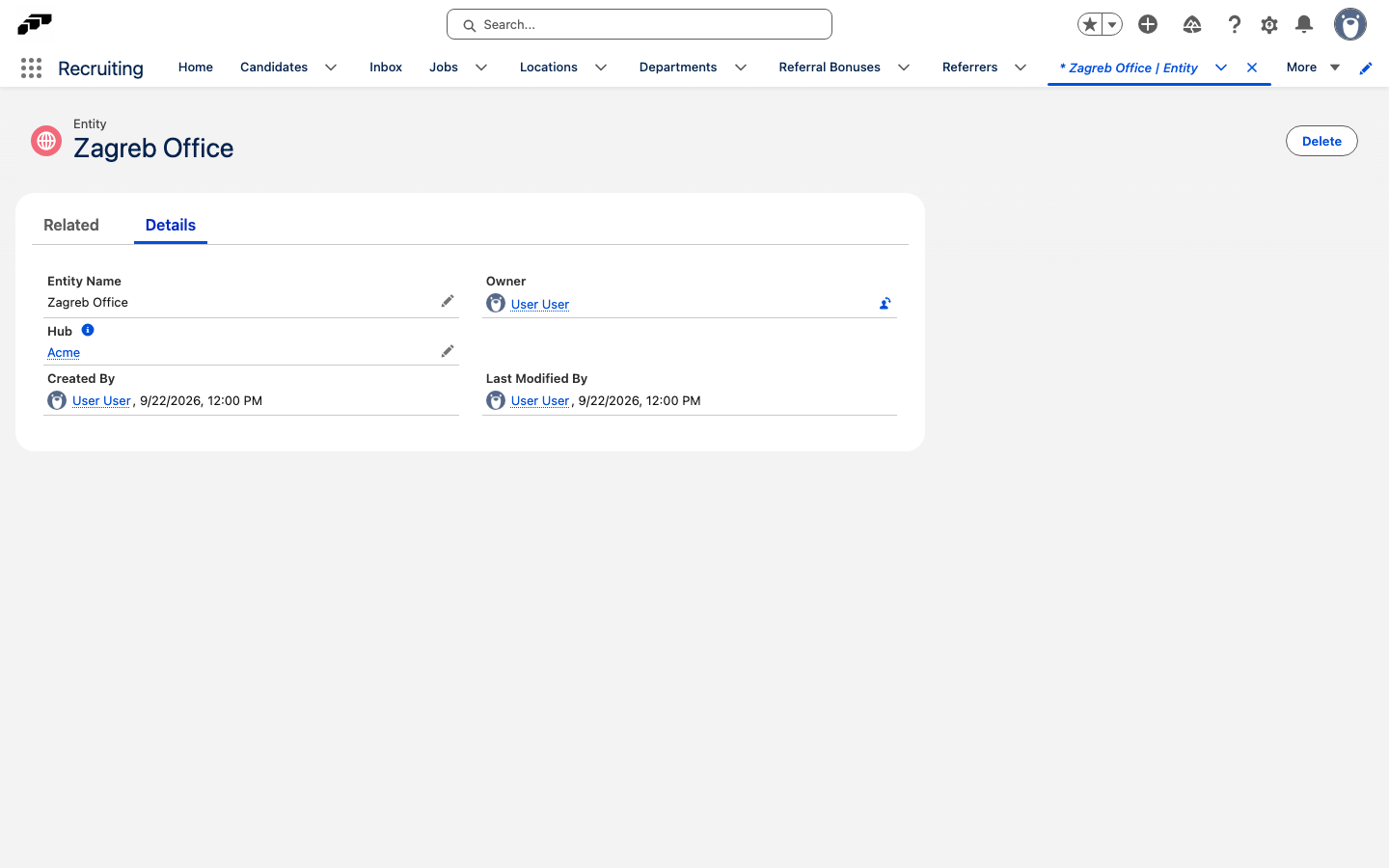 Entity record with the Hub lookup field set to a specific Employee Hub