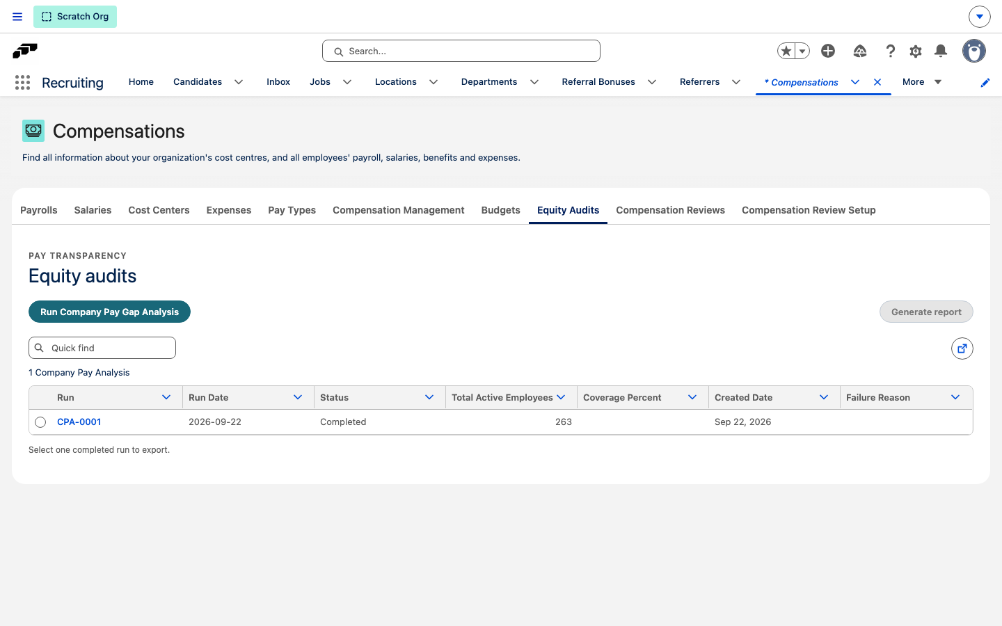 The Equity Audits tab with the Run Company Pay Gap Analysis button above a completed run