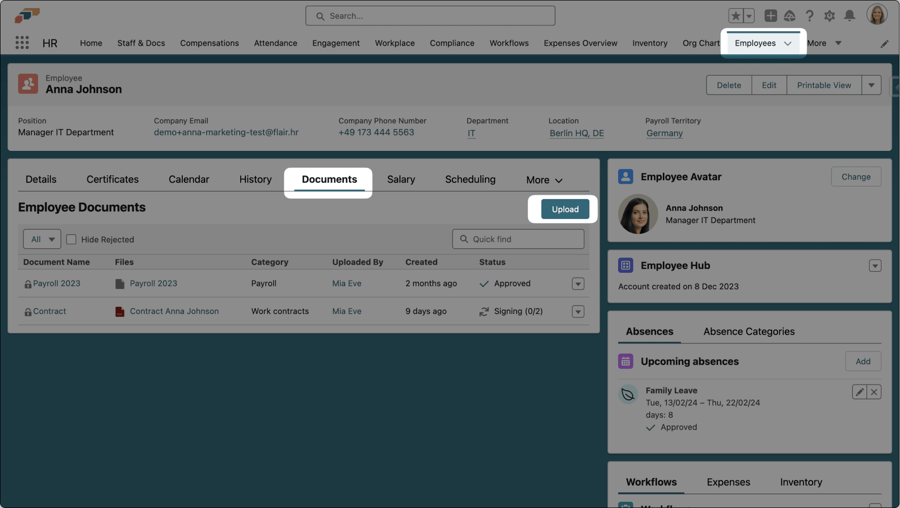 Documents section on an employee record