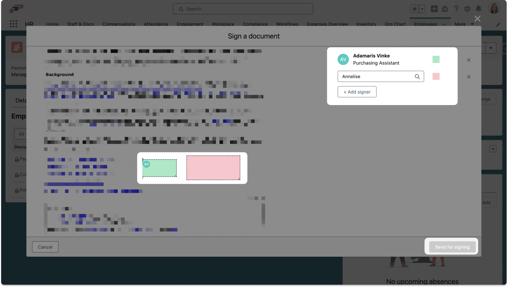 Signing window with signature components for multiple signers