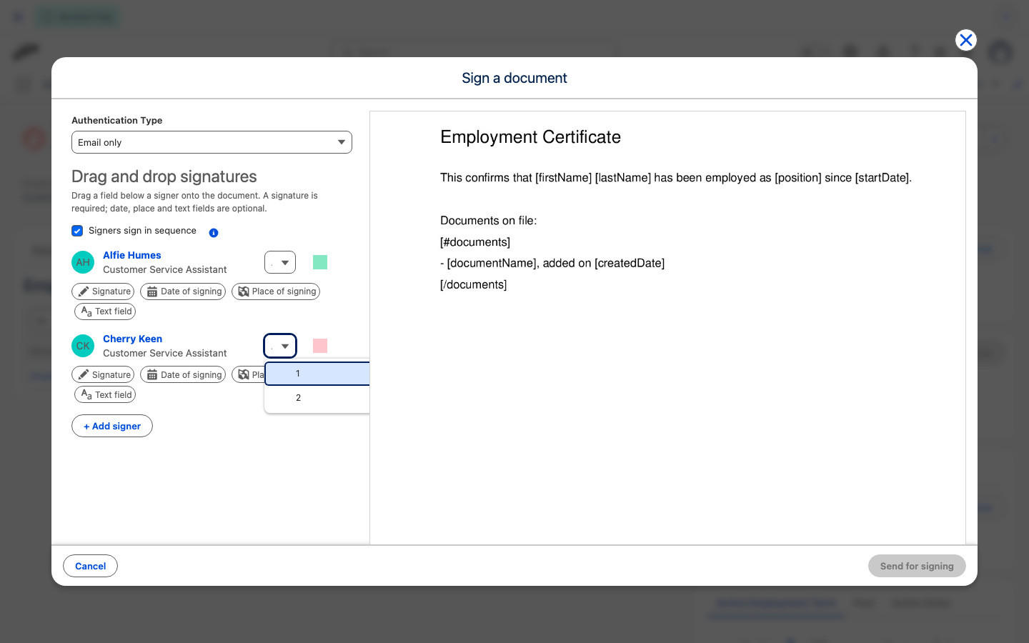 Signers sign in sequence selected in the Sign a document window, with the position menu next to a signer open showing 1 and 2