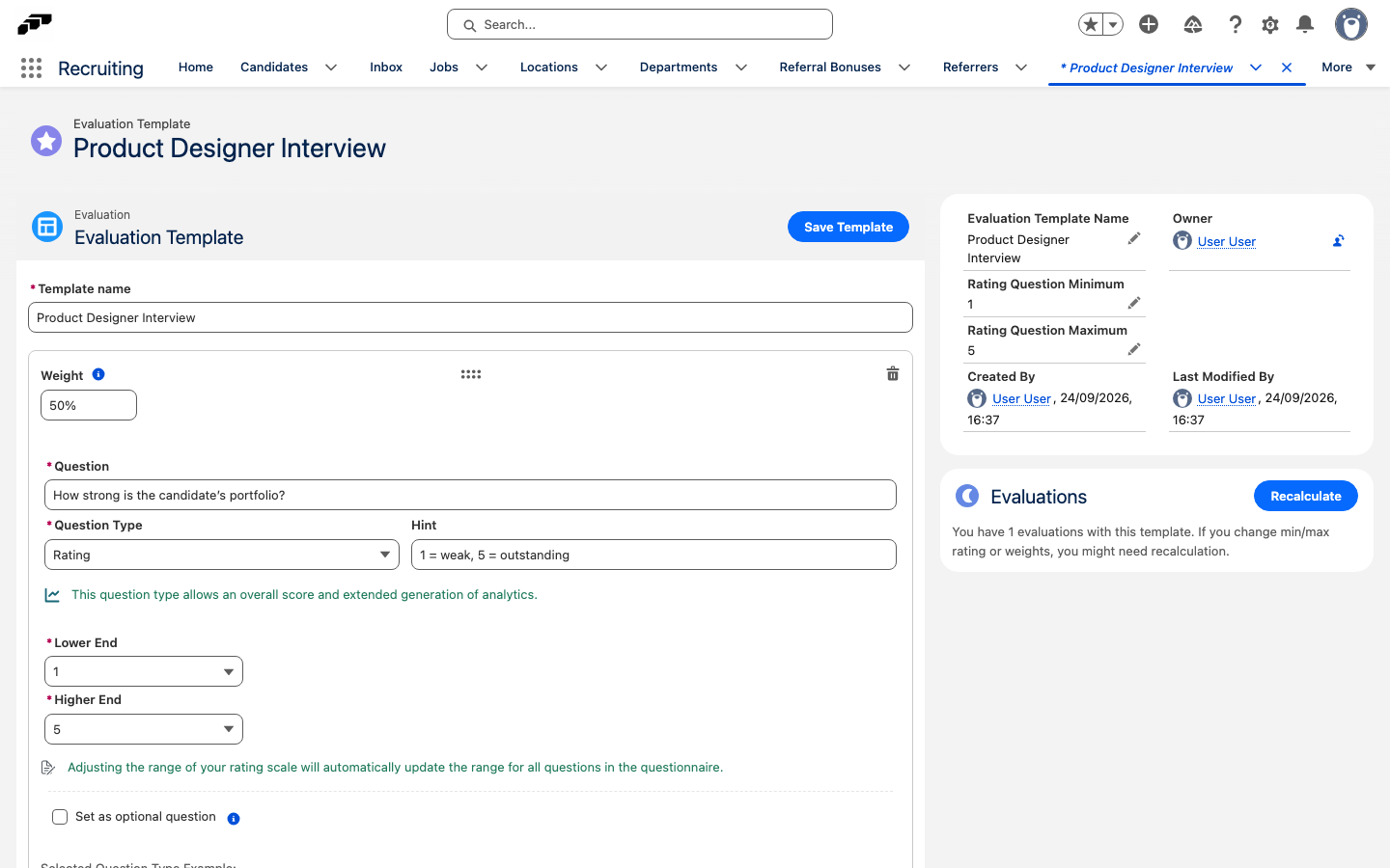 An evaluation template in the editor with a weighted Rating question, its Question Type and Hint, the rating scale, and the Save Template button