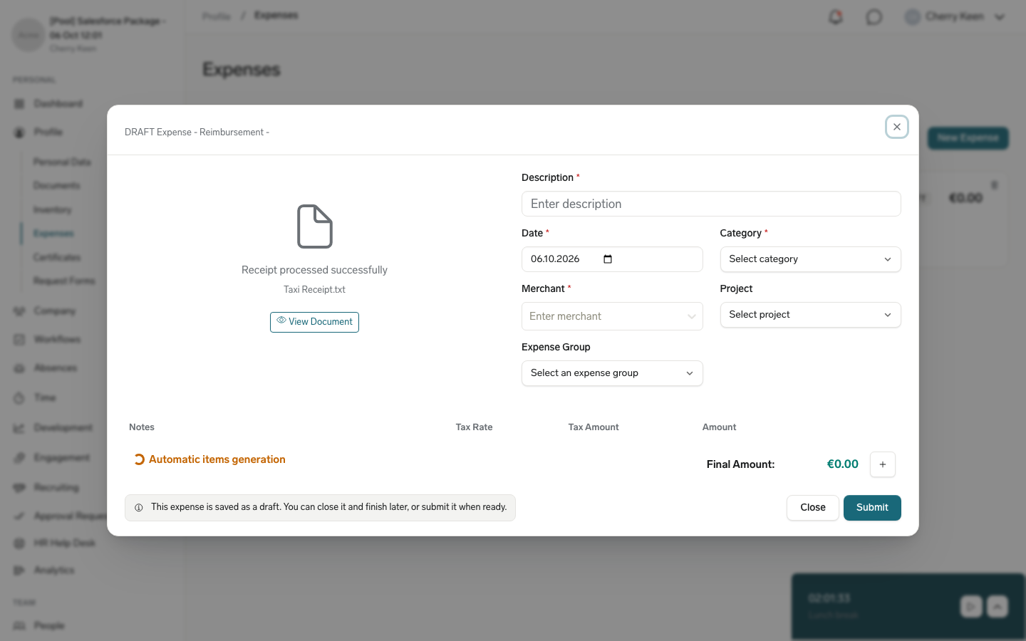 An expense in the Employee Hub showing the Automatic items generation progress indicator while OCR reads the attached receipt