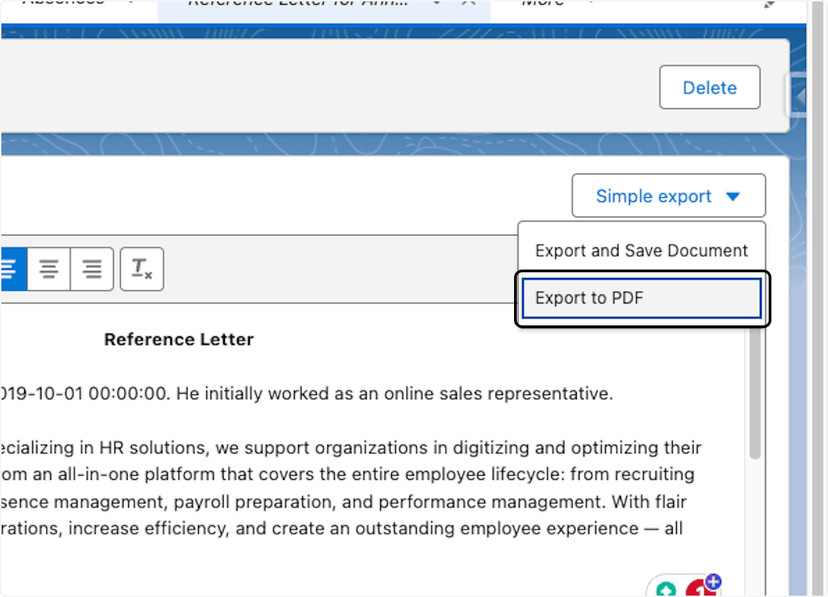 Export and Save Document action
