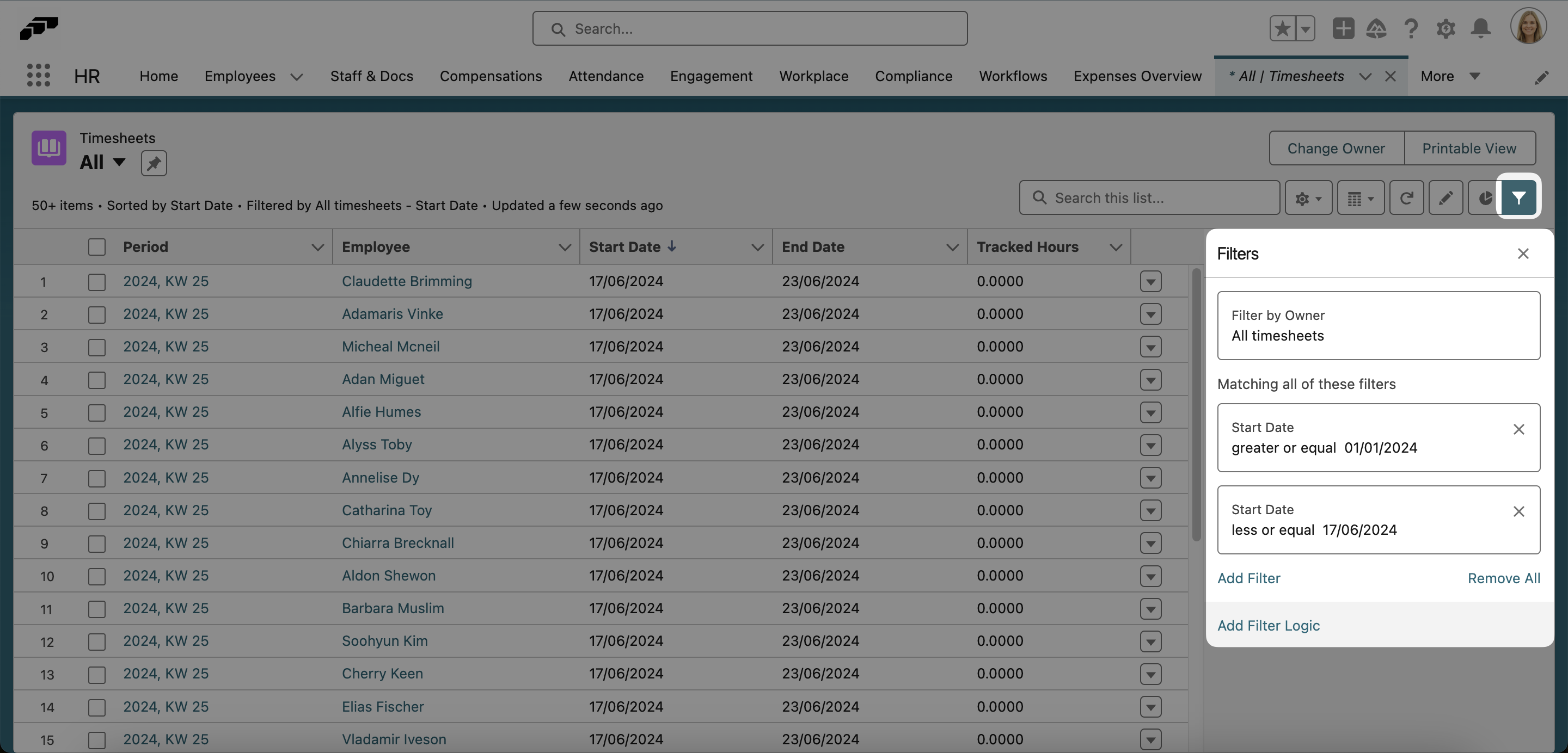 Use filters to refine your search for timesheets in Salesforce