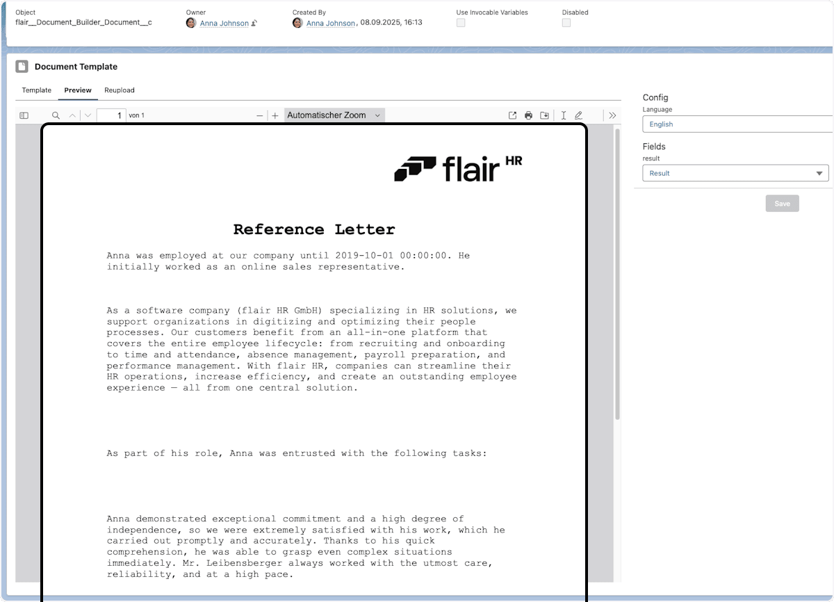 Generated document with its branded layout