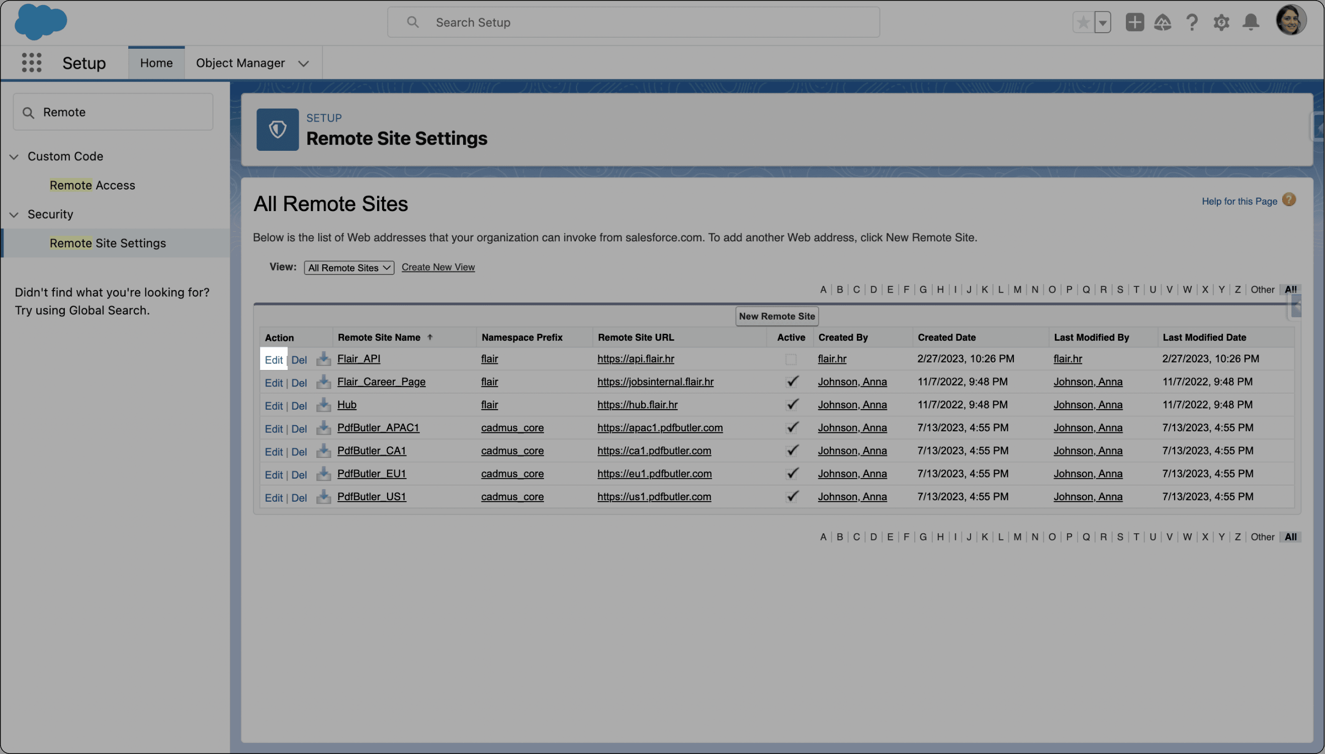 Edit action for the Flair API remote site