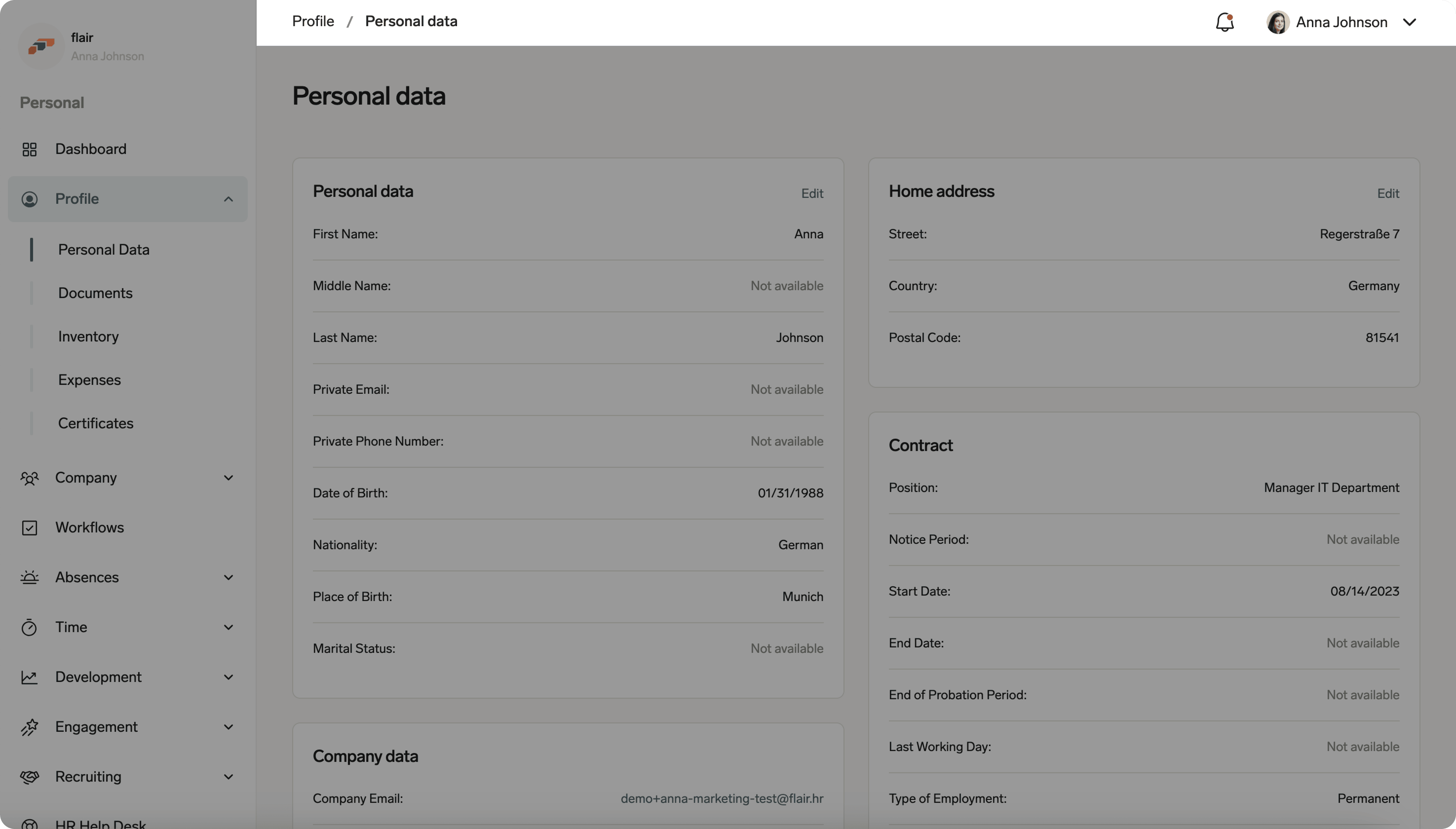 Employee Hub navigation bar showing the current location
