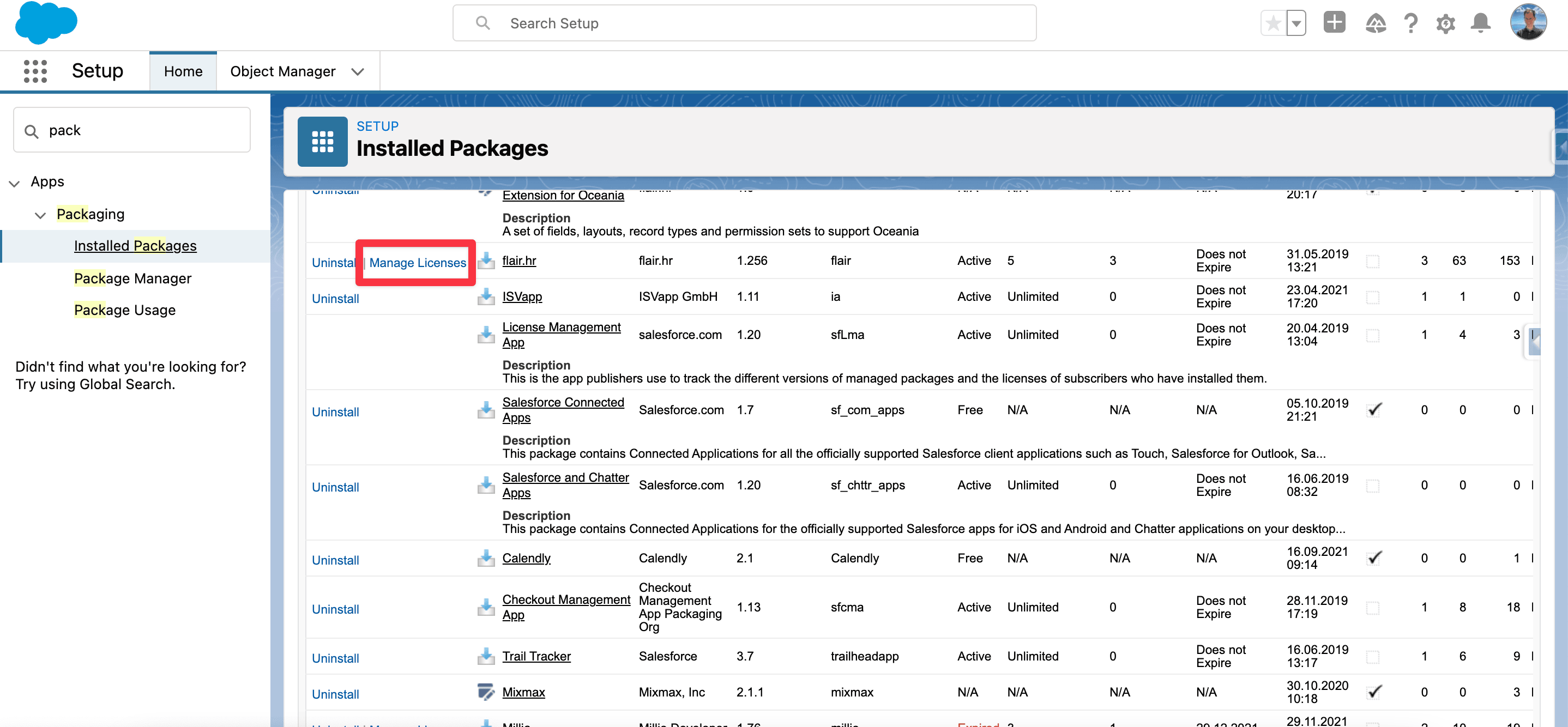 Manage Licenses action for the flair HR managed package