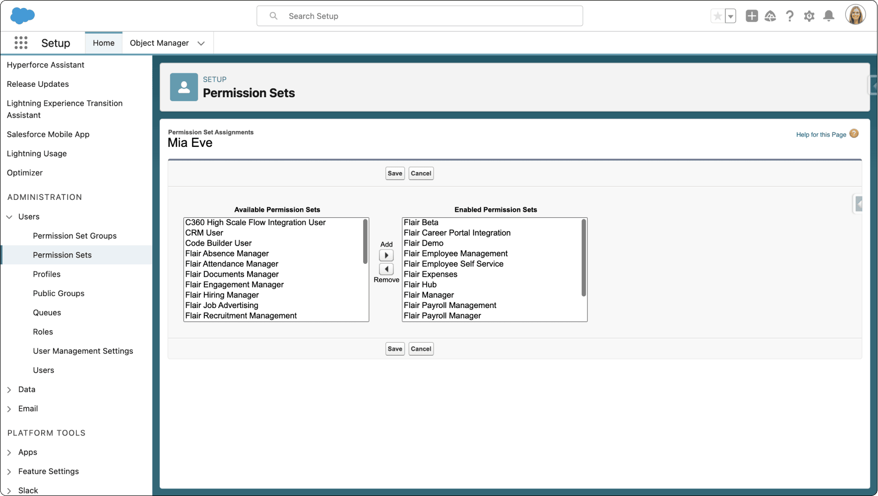 Flair Hub in the enabled permission sets