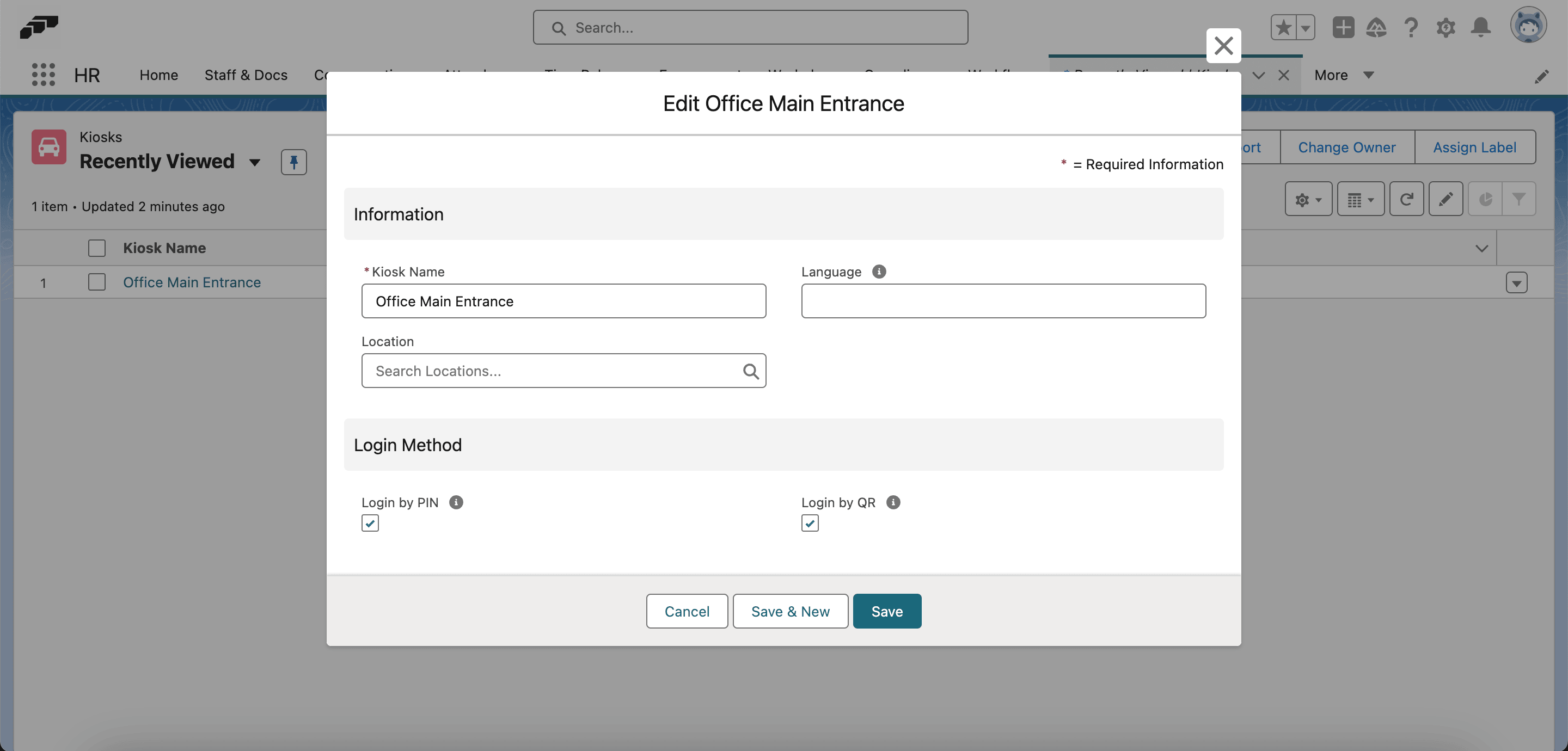 The form for a new kiosk in Salesforce