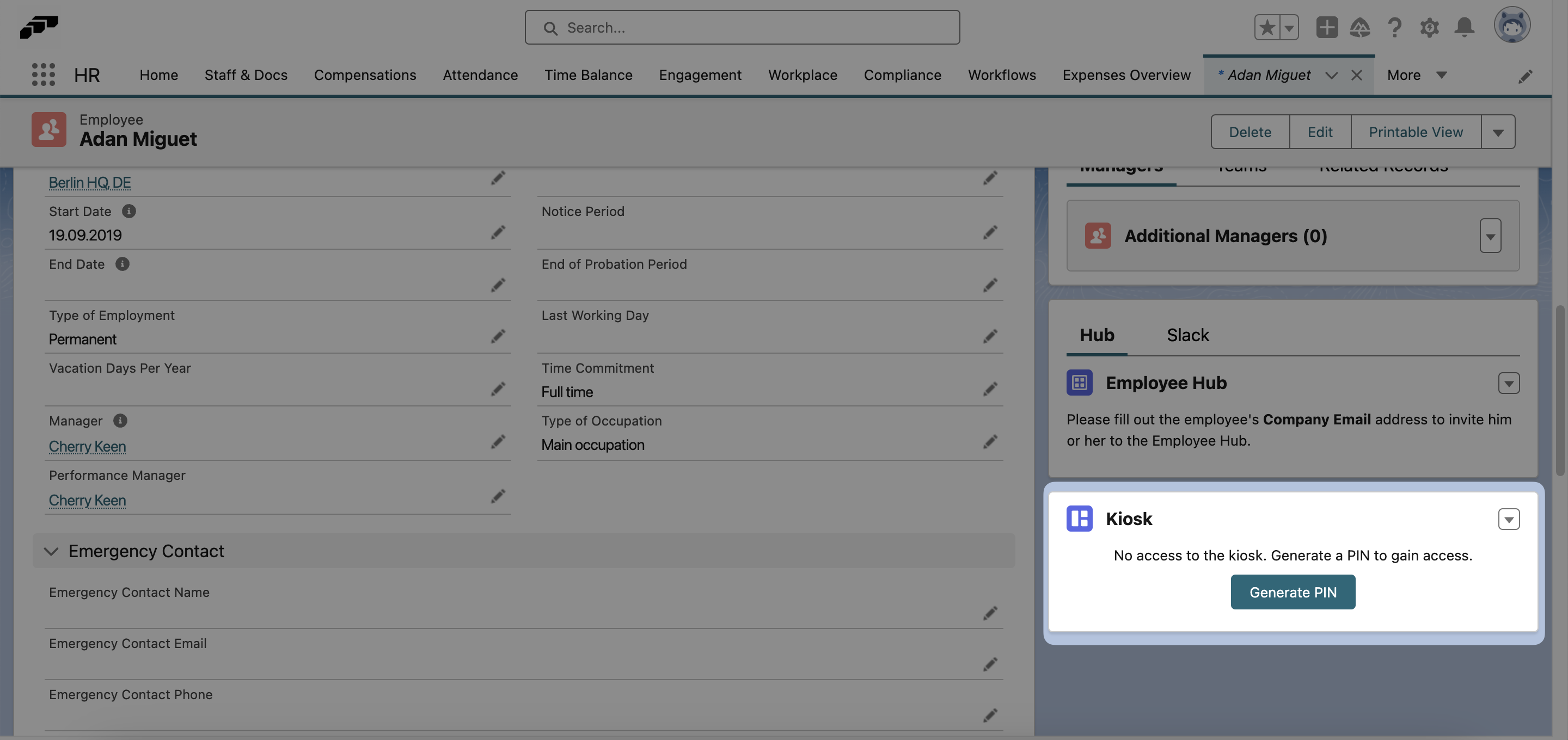 Generate a PIN code for an employee