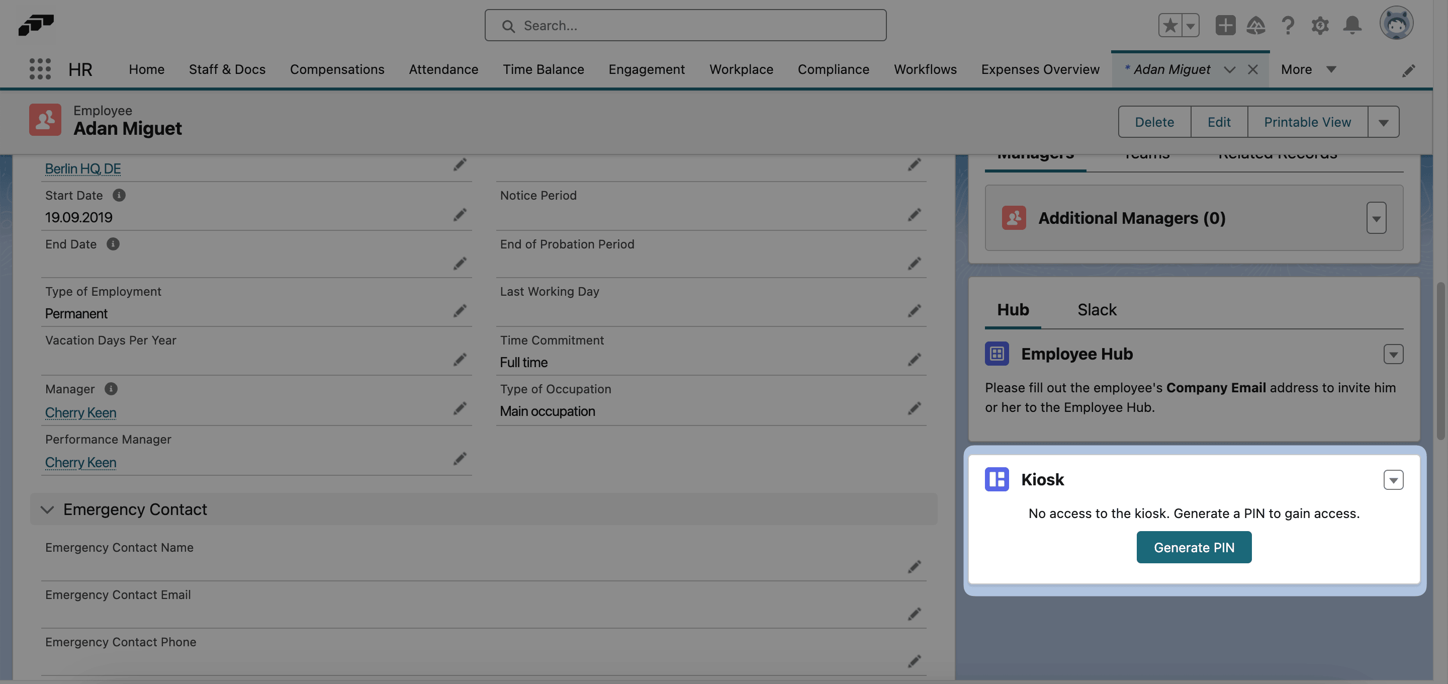 The Generate PIN action in an employee record