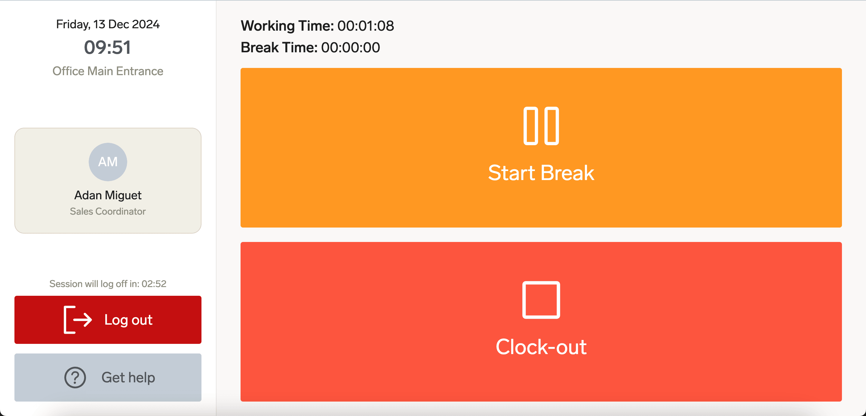 Working time, break time, and shift actions in flair Kiosk