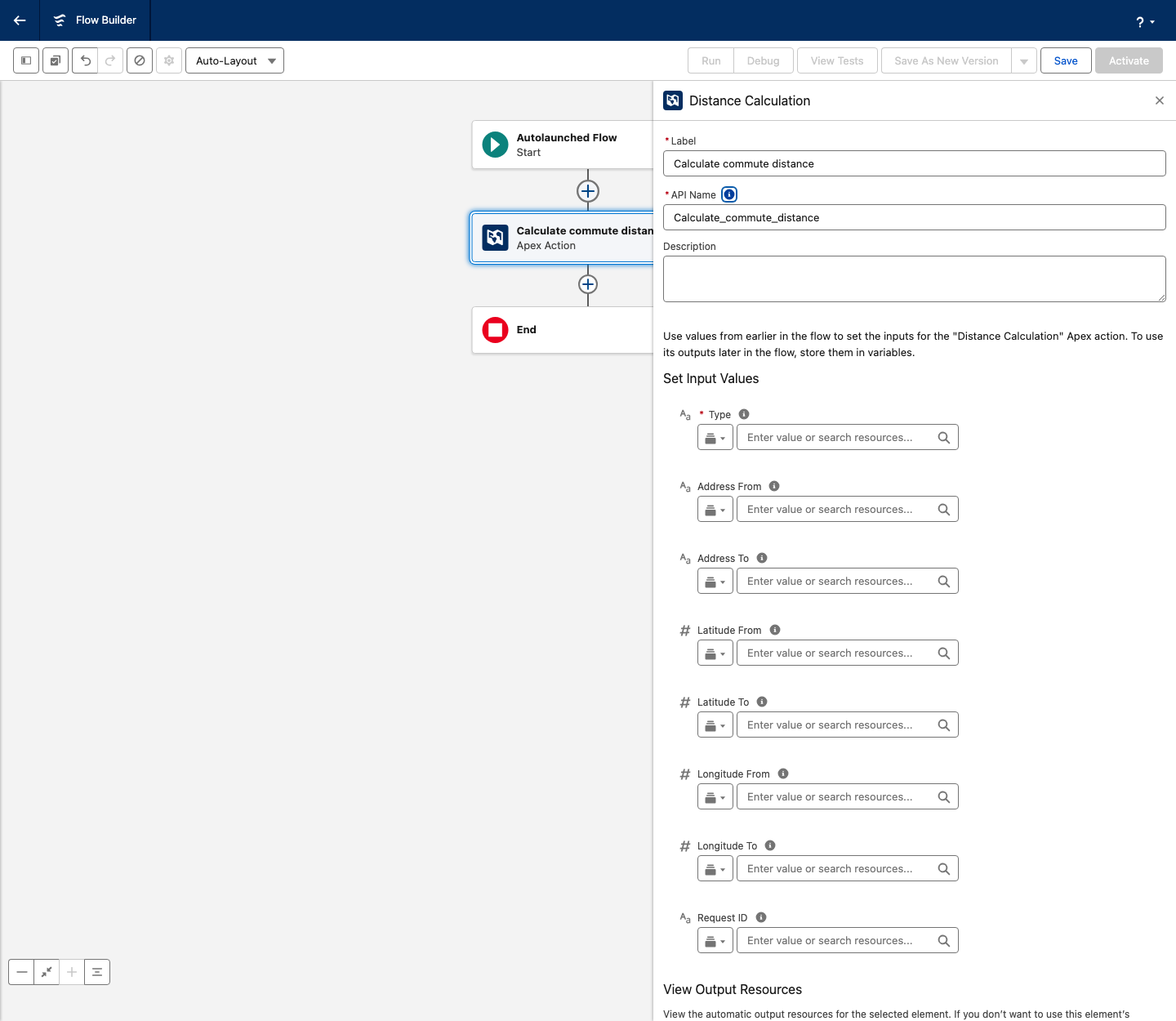 The Distance Calculation action in Flow Builder with its label and input values