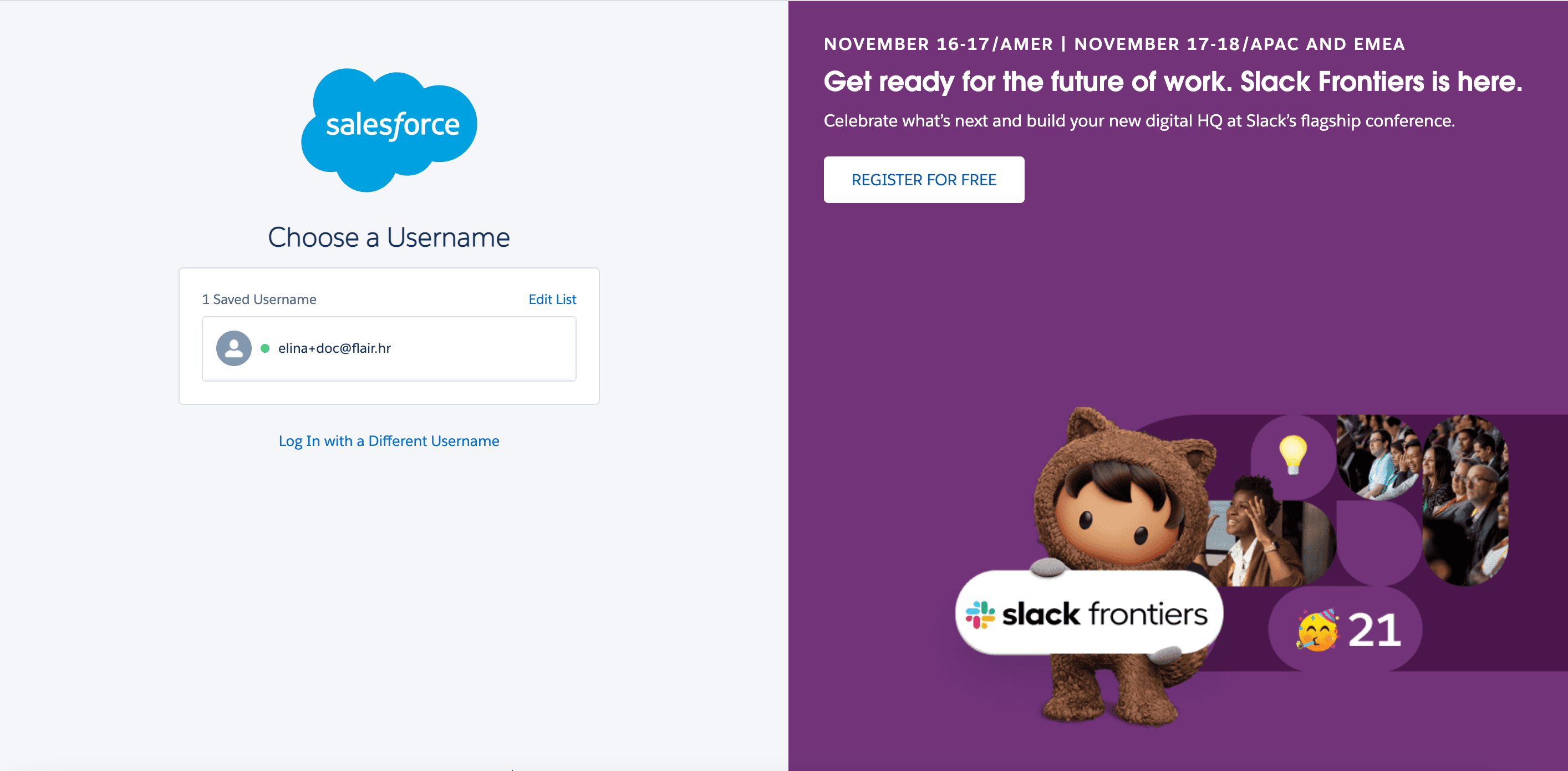 Salesforce organization username selected for package installation
