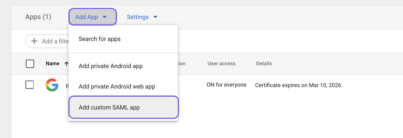 Add custom SAML app option in the Google Admin console