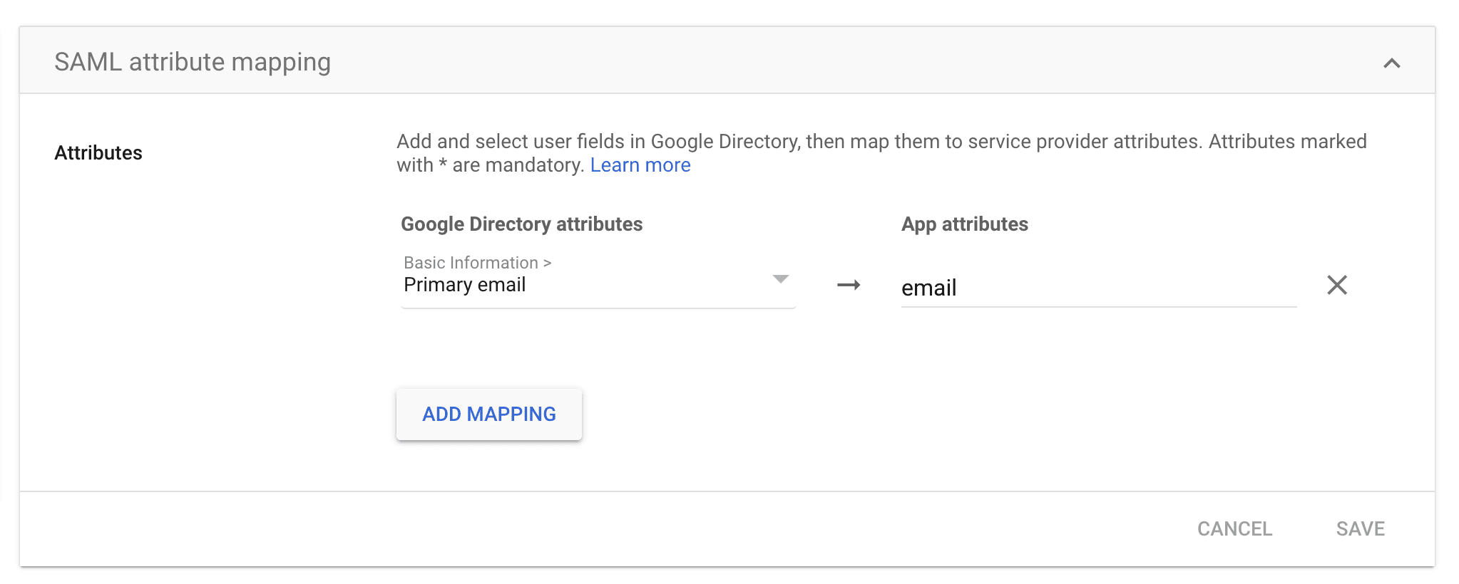 Email mapping selection for the Google SAML app
