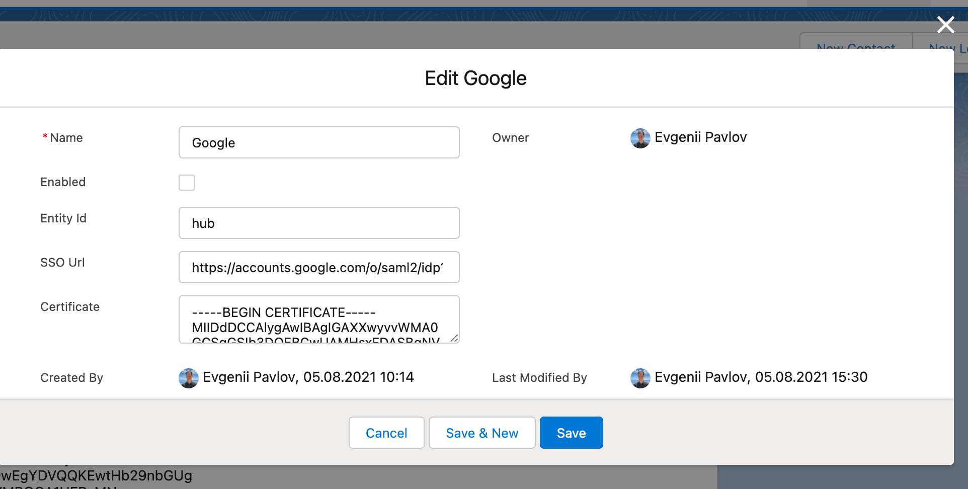 Google metadata entered in a Hub SAML Configuration record
