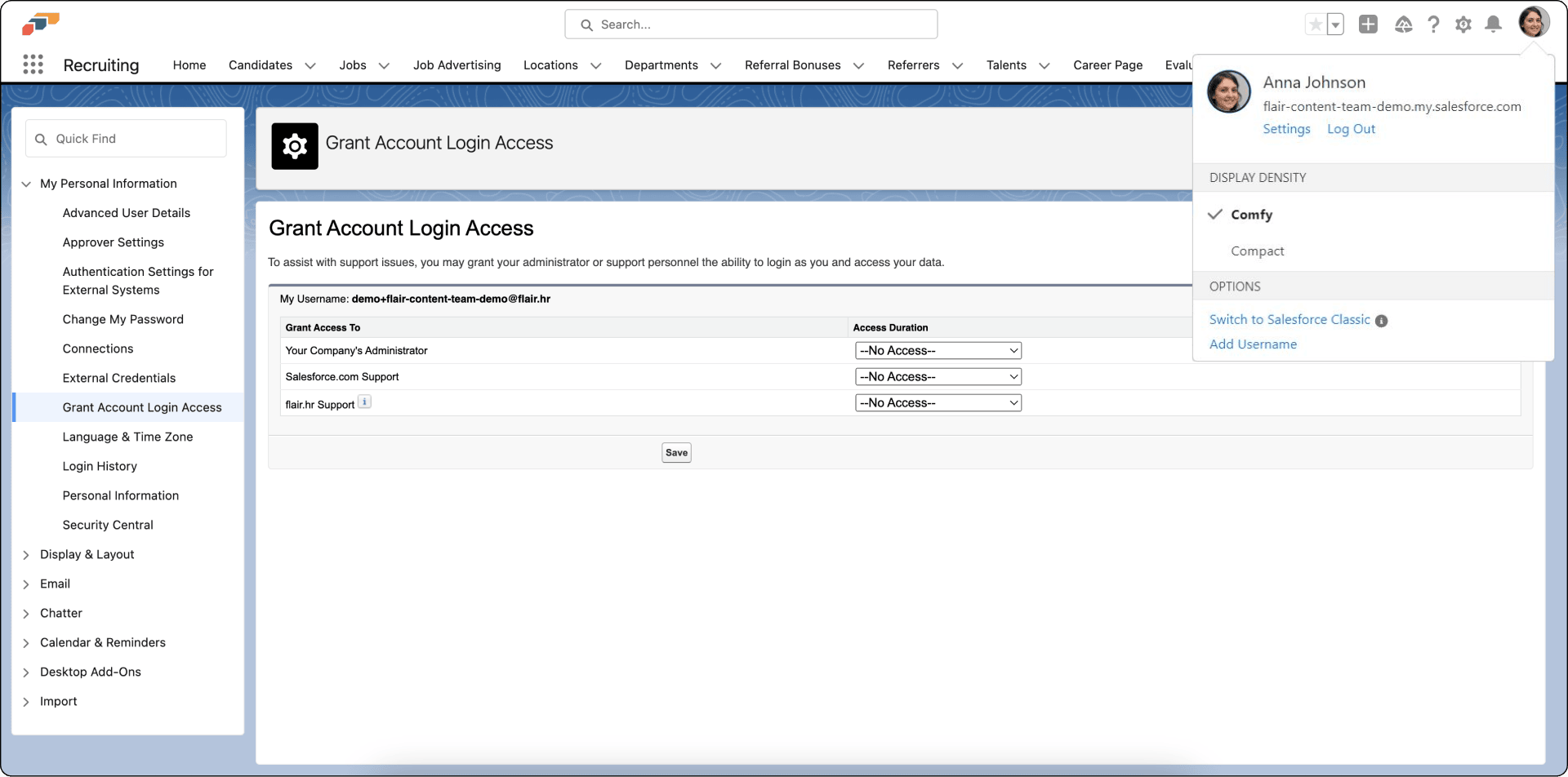 Salesforce Settings page used to grant account access