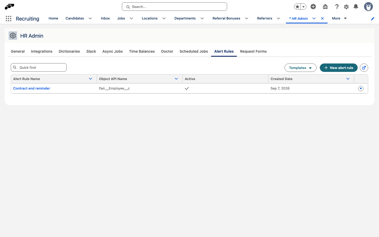 The Alert Rules tab in HR Admin in Salesforce, with a configured alert rule and the New alert rule button