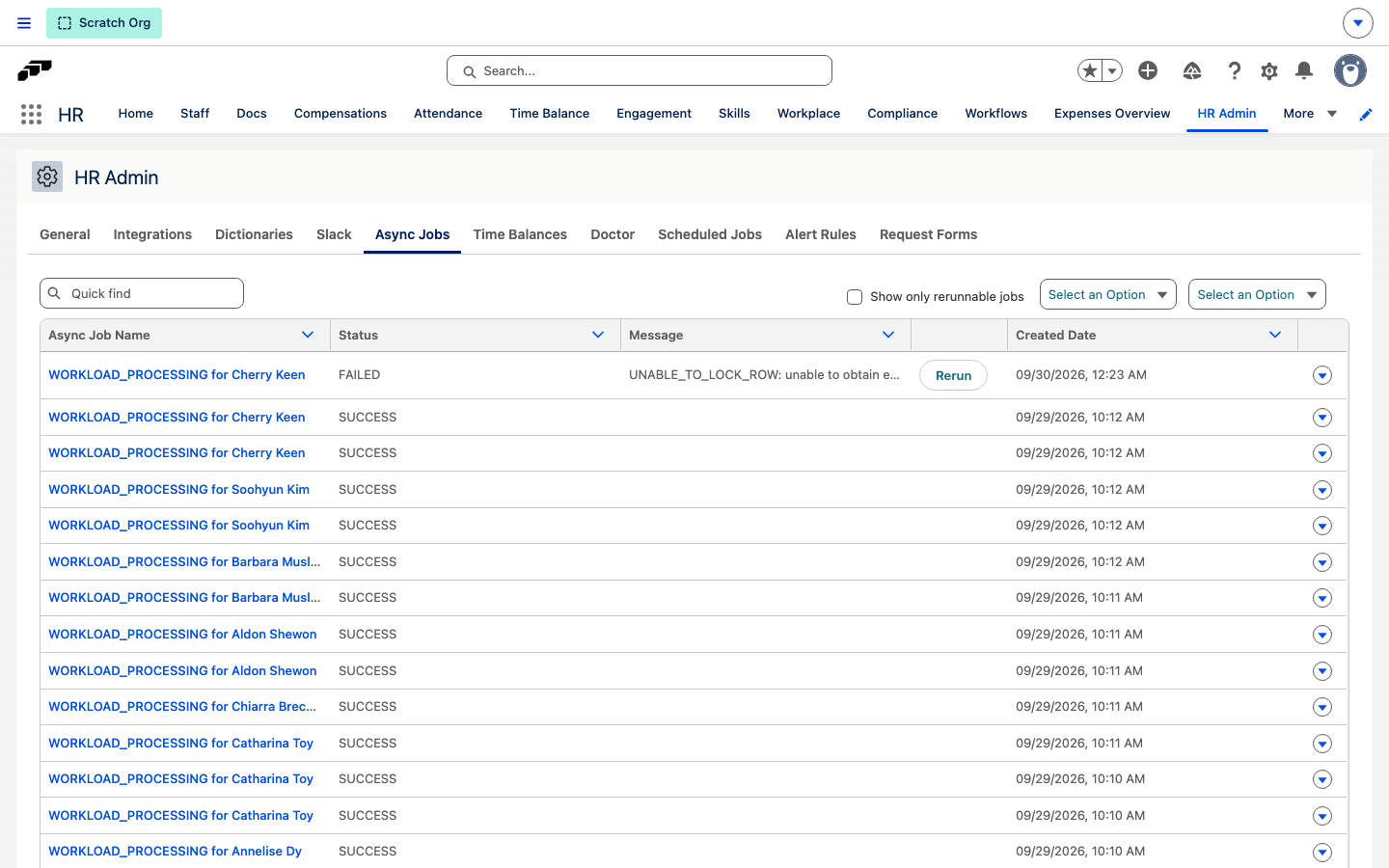 The Async Jobs tab in HR Admin with a failed workload processing job showing its message and the Rerun button