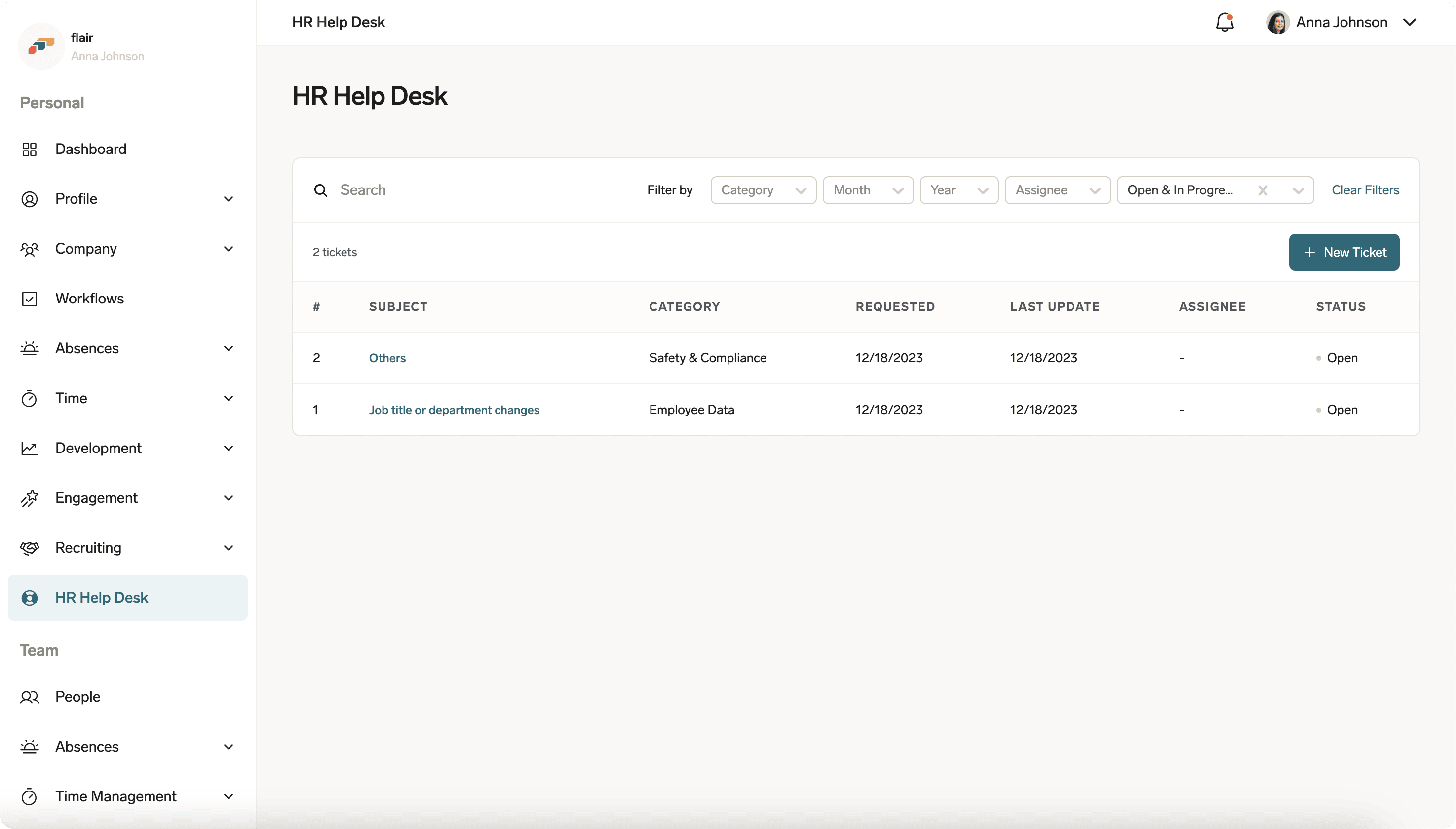 An HR Help Desk request in the Employee Hub