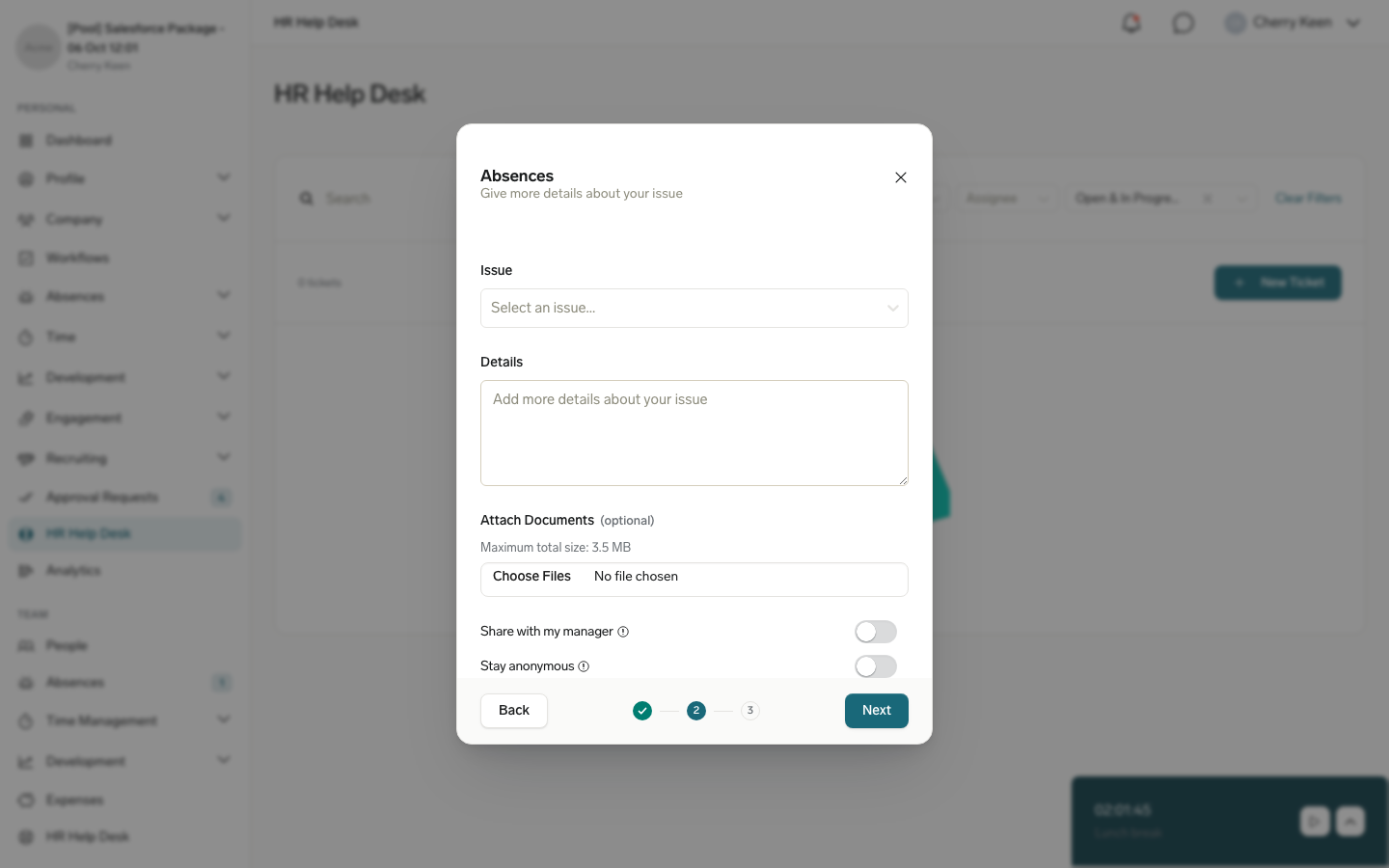The New Ticket Details step with the Attach Documents control and the Share with my manager and Stay anonymous toggles