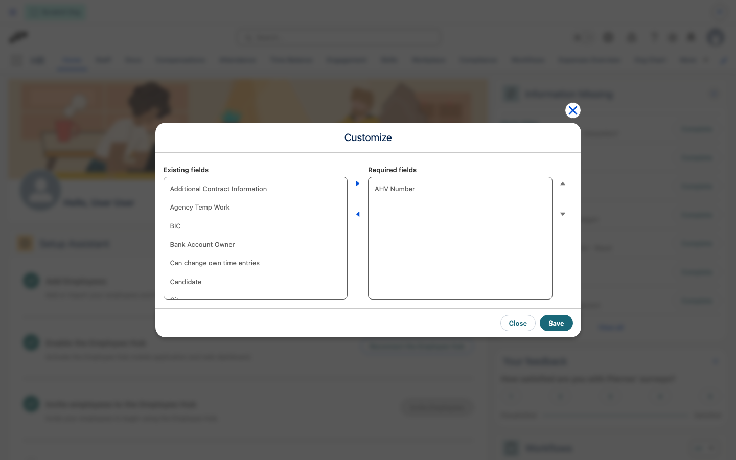 Customize dialog for the Information Missing card, with the Existing fields and Required fields dual listbox
