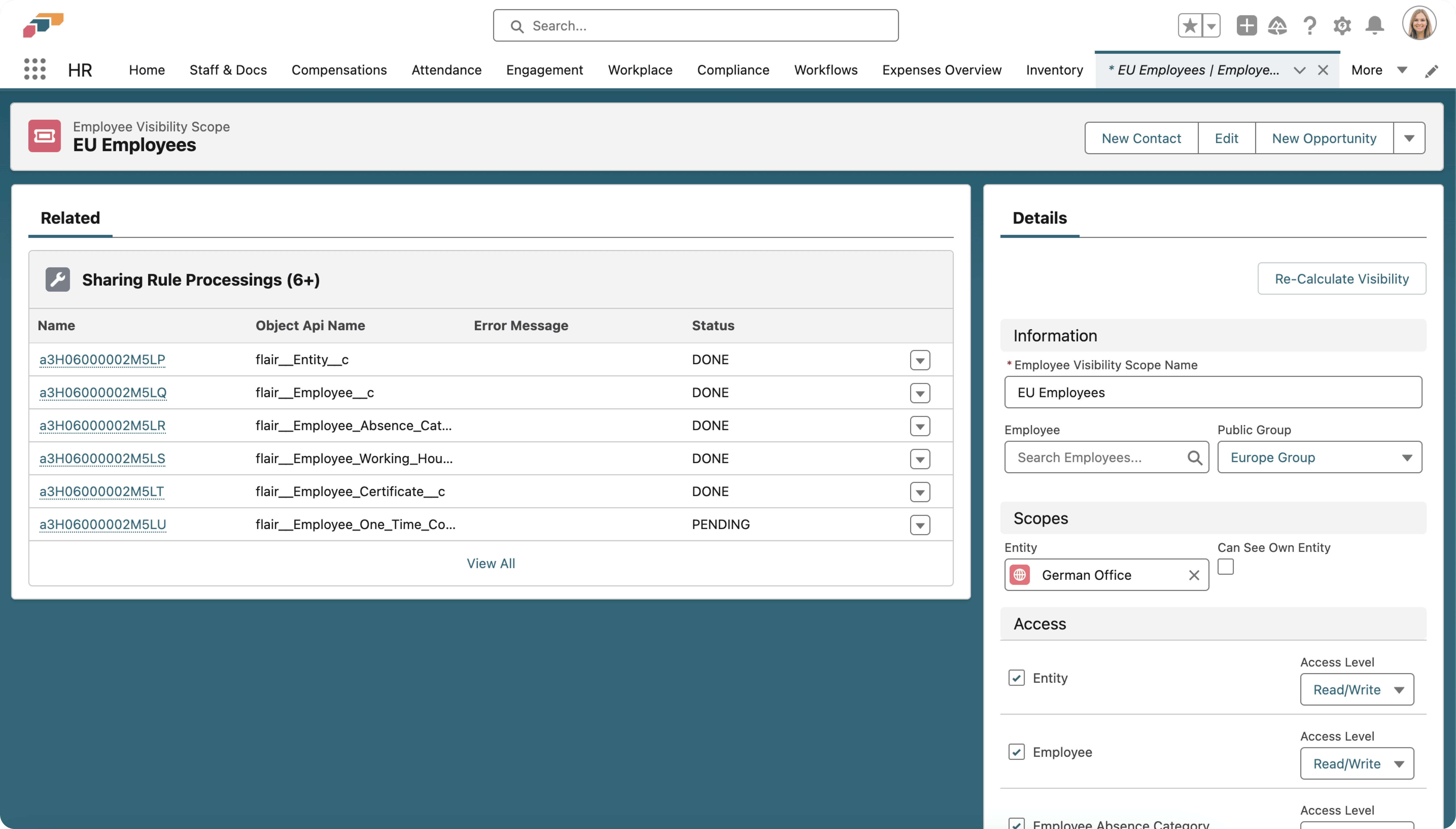 Processing status on an Employee Visibility Scope