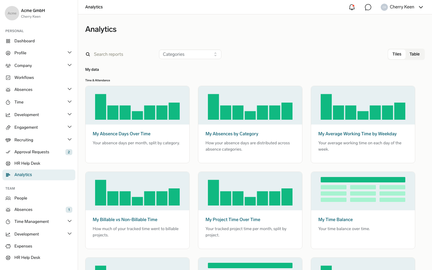 The Employee Hub Analytics library with My data report cards, Search reports, Categories, and the Tiles and Table toggle