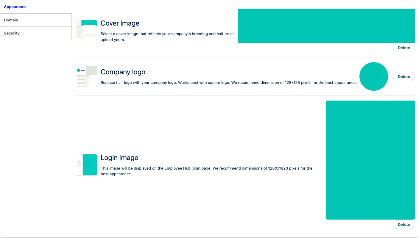Appearance tab on a Hub record showing the Cover Image, Company Logo, and Login Image upload sections